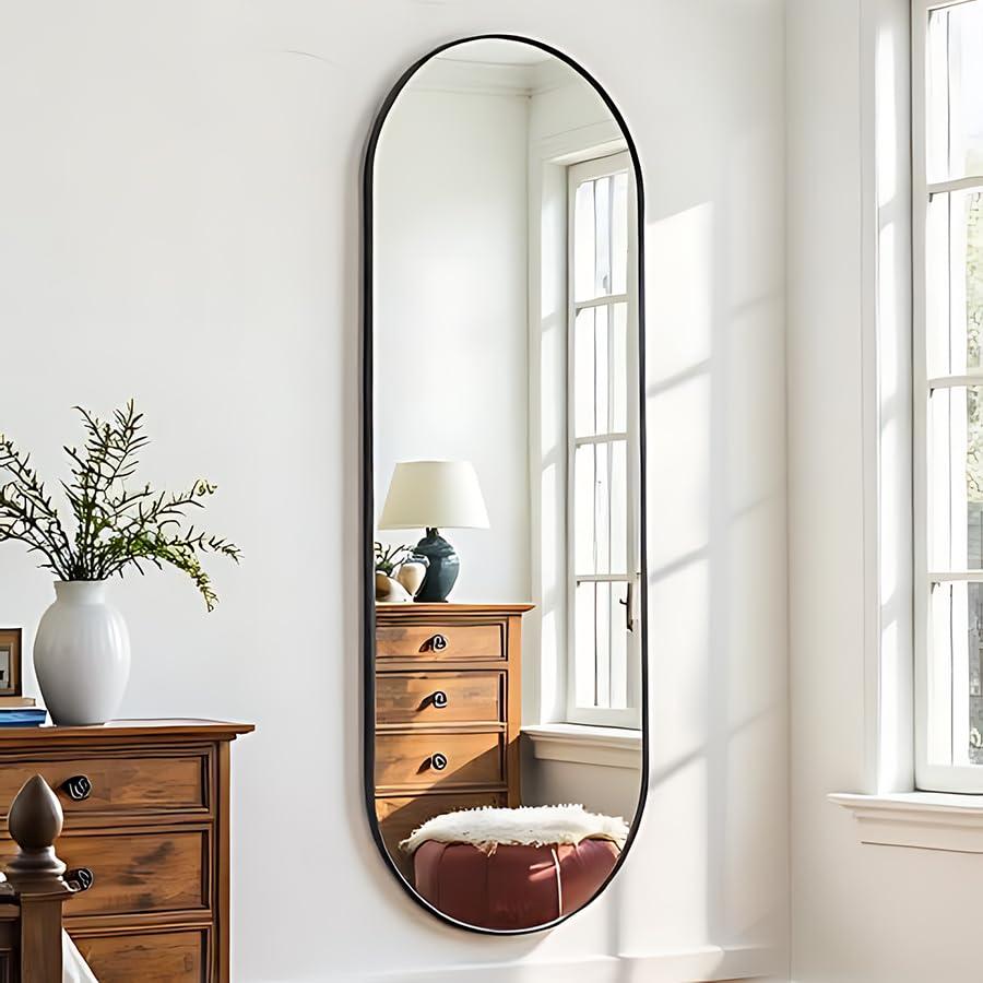 OGCAU OGCAU Full Length Mirror, Wall Mirror Full Length, Wall-Mounted Mirror, Body Mirror for Wall in Bedroom, Arched-Top Mirror, Hanging Mirror with Aluminum Alloy Frame (Oval Black)