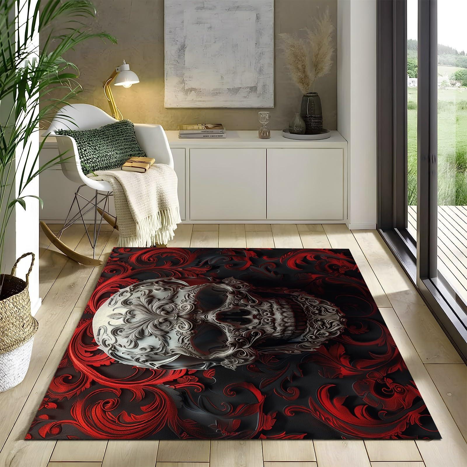 Bhoyctn Area Rugs 3ft x 5ft for Living Room - Area Rug Washable Non Slip Low Pile Rectangular Rug - Gothic Roses & Skulls Carpet for Bedroom Dining Room Kids Playroom Entrance Floor Mat Kitchen Rug