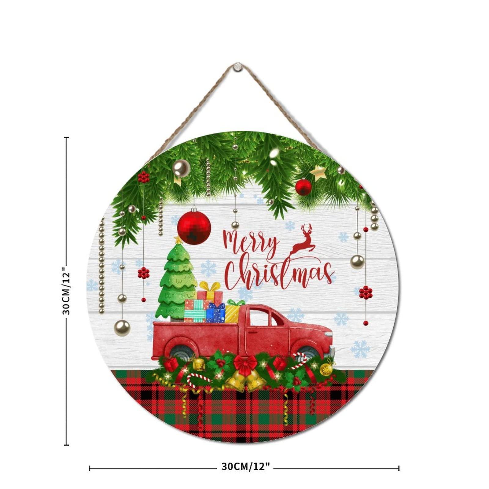 Wodevor Merry Christmas Tree Truck Wood Plaques Red Truck Christmas Tree Hanging Sign Wooden Wall Table Sign Rustic Wood Sign Personalized Wooden Signs 12x12in Round