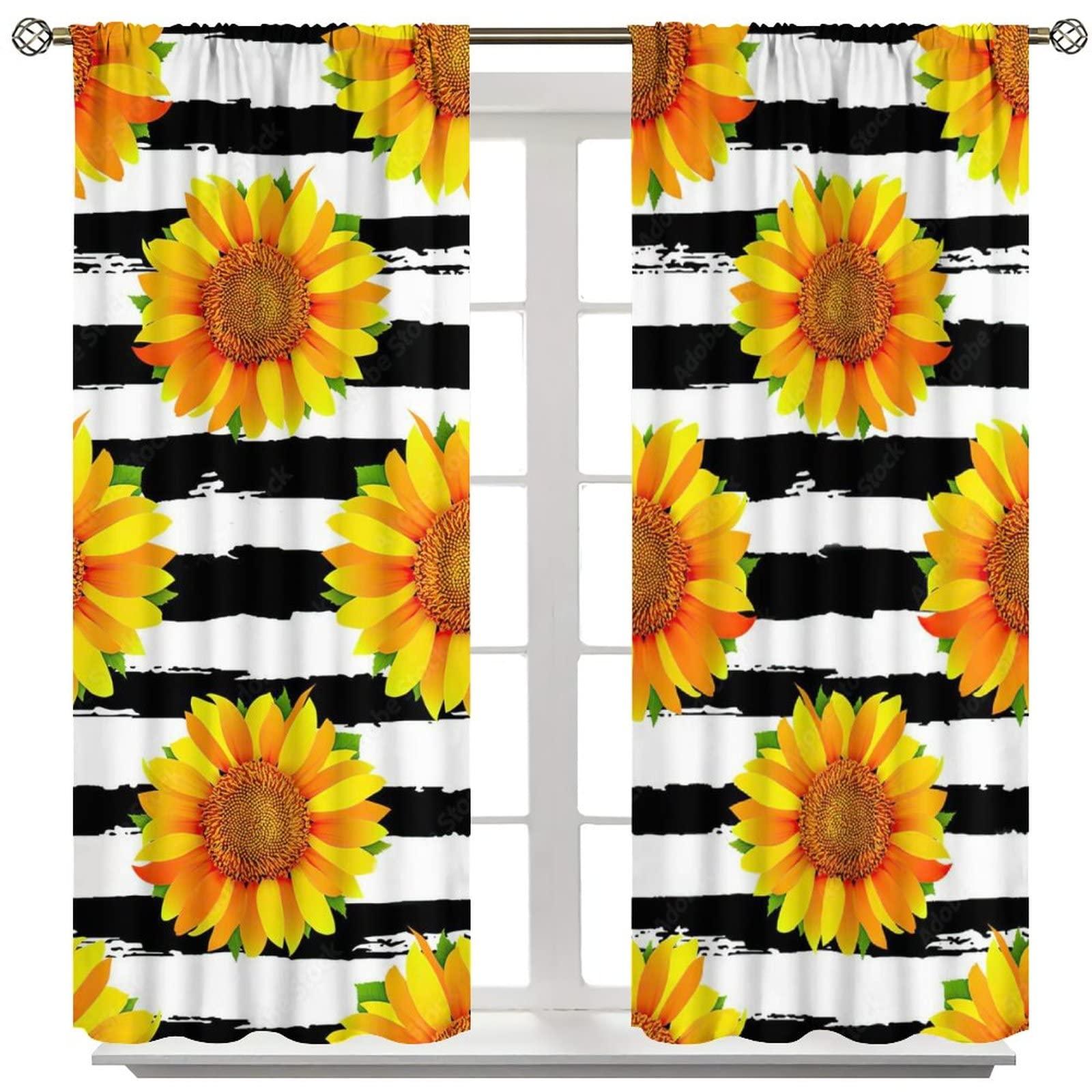 gaoyaqing Sunflower Black and White Striped Curtains, Sunflower Art Curtains on Black Edge Stripes, Sunflower Room Bedroom Blackout Insulation Curtains 2 Panels 42x54in