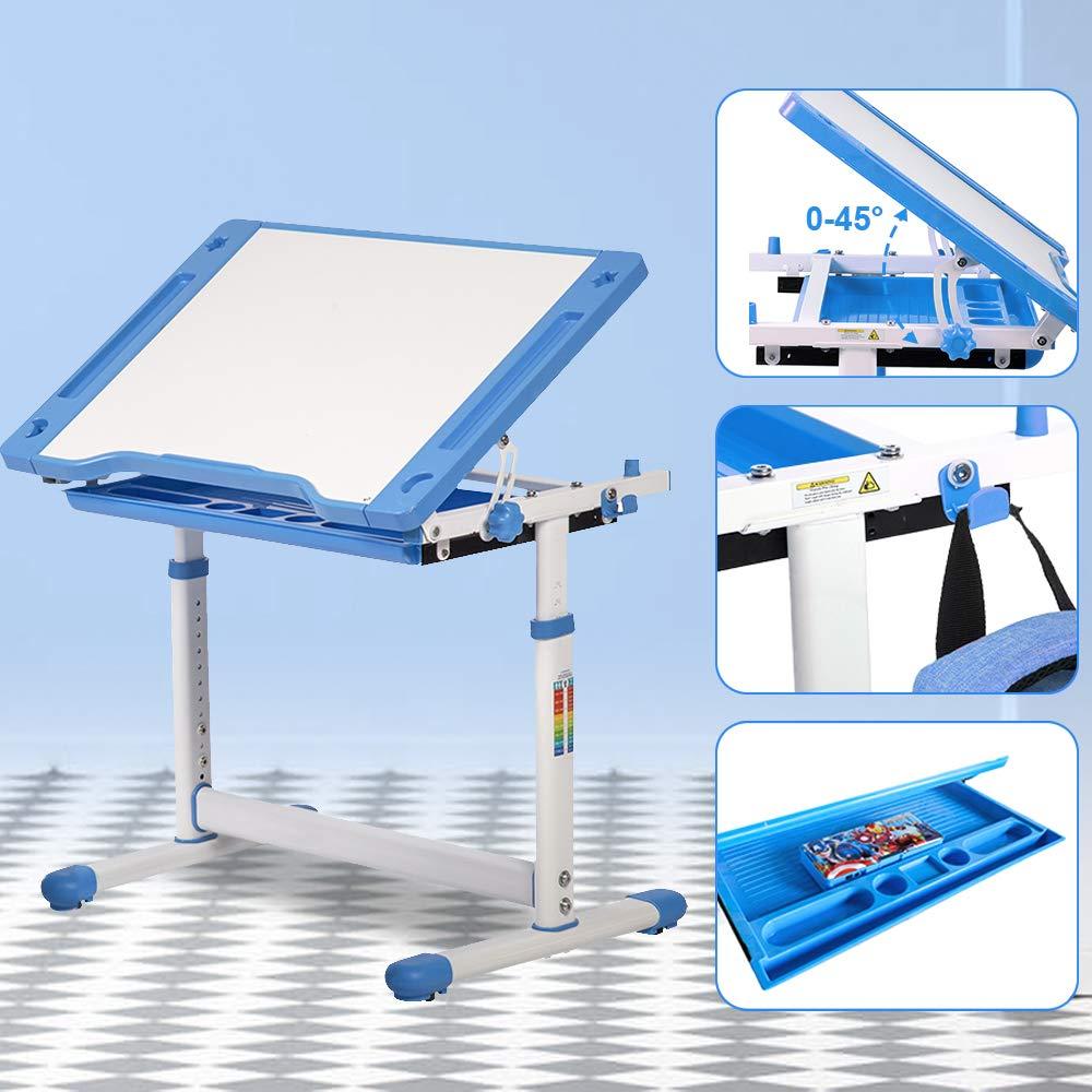 Dkeli Kids Desk and Chair Set Adjustable Height Ergonomic Children's Table with Storage Drawer Kids Study Homework Desk Table for 3-15 Kids (Blue)