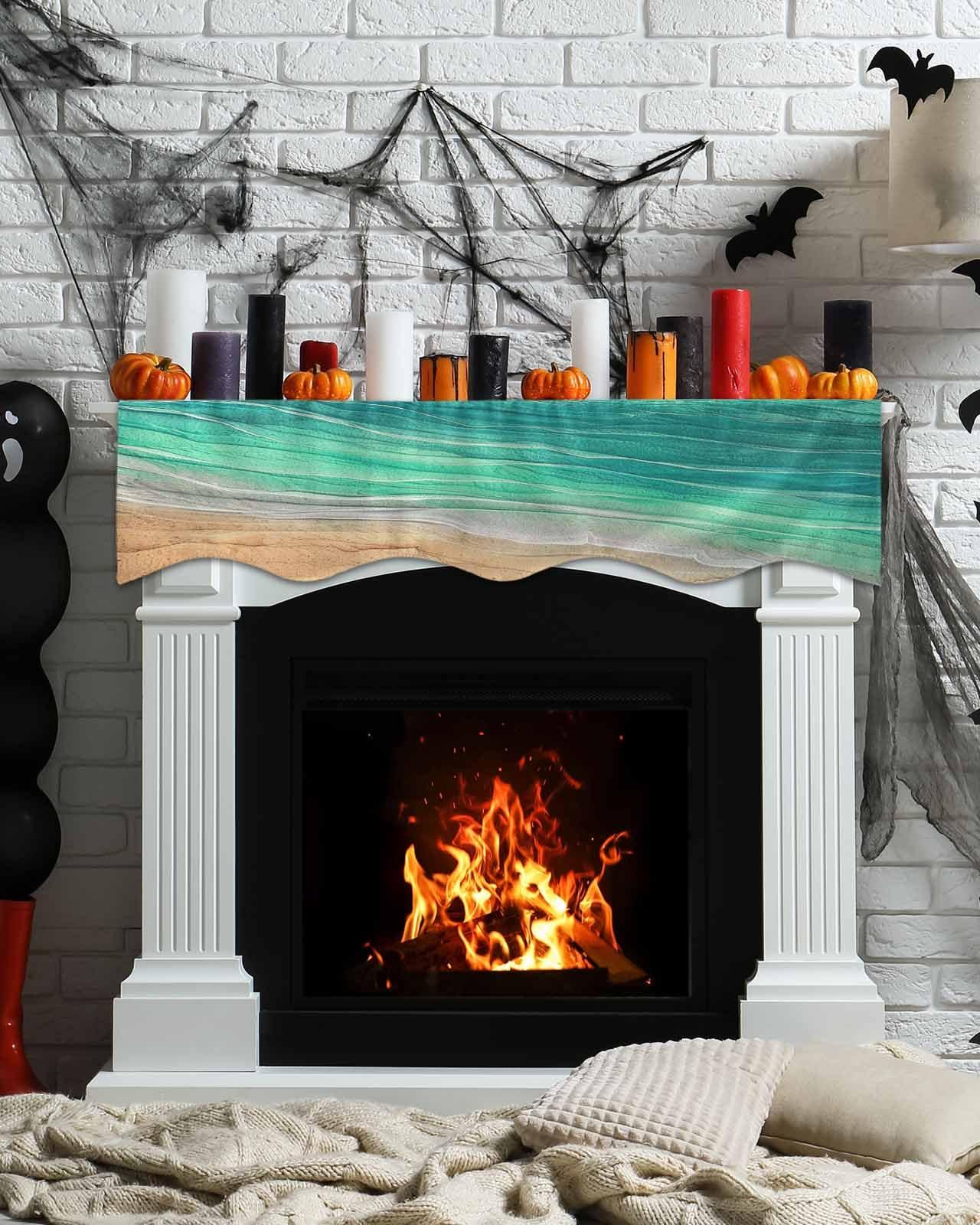 Victoroes Victoroes Ocean Sea Mantle Scarf 70 x 17 Inch, Beach Coastal Sea Waves Gradient Green Fireplace Mantel Scarf Mantle Cover Runner for Home Living Room Indoor Holiday Party Decor