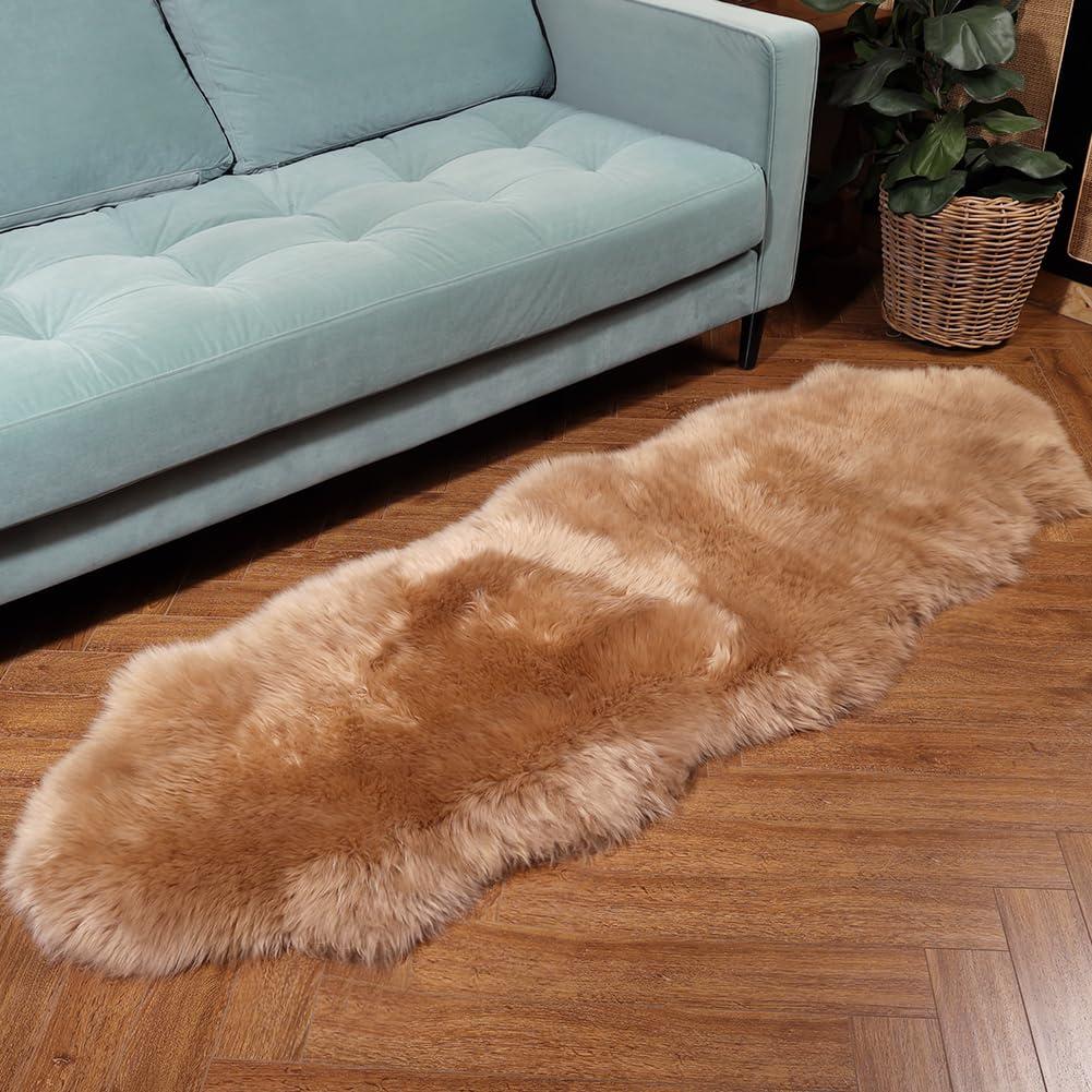 IRIWOOL IRIWOOL Premium Genuine Fur Sheepskin Rug Real Australia Sheepskin Natural Luxury Fluffy Lambskin Fur Area Rug Seat Covers for Kids Bedroom Sofa Chair Cover (Light Brown, Double Pelt/2ft x 6ft)