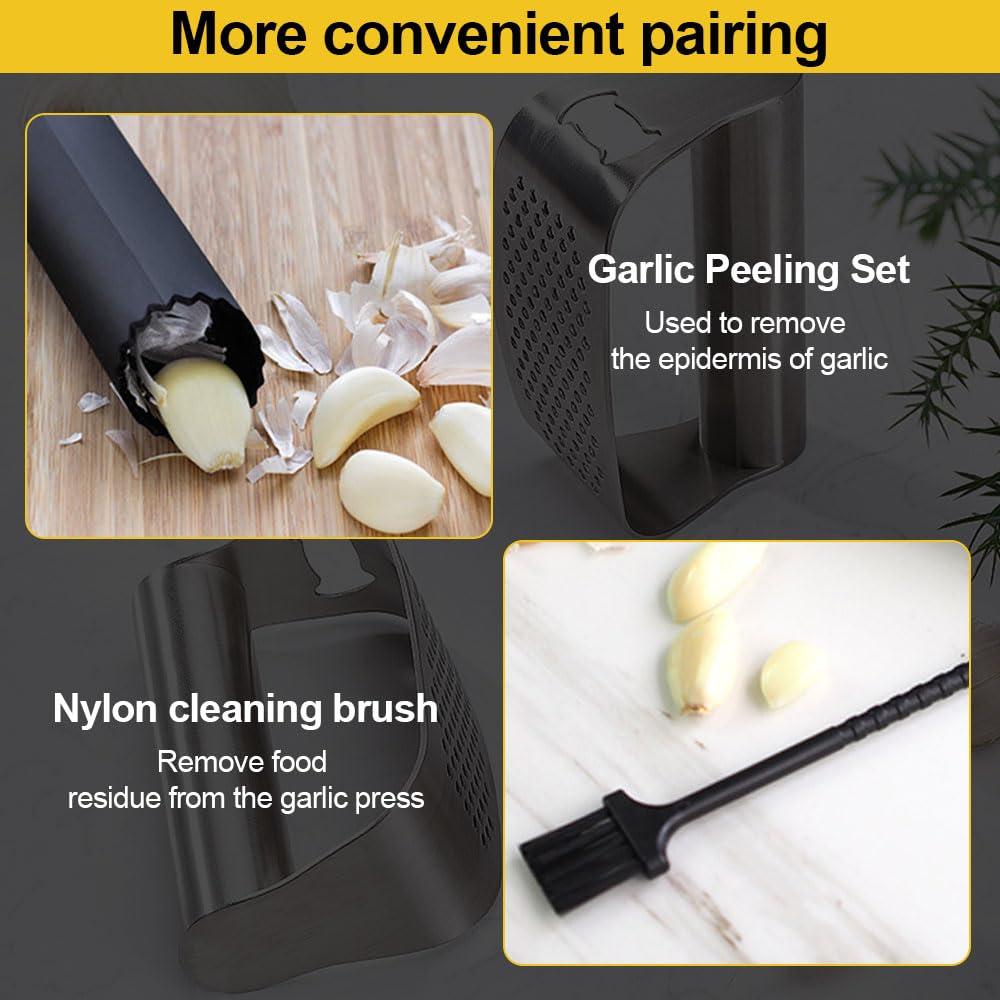 HOAIME Stainless Steel Garlic Press, 2024 Upgraded Garlic Press Rocker Garlic Crusher, Multifunctional Garlic Chopper with Peeler and Cleaning Brush Kitchen Gadgets (D)