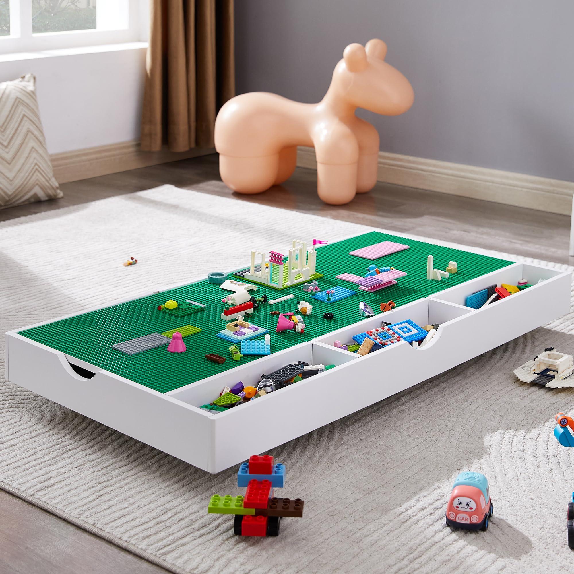 GABHX 2 in 1 Construction Play Table Compatible with Lego, Game Table with Block Board and Train Car, Rolling Game Table with Locking Wheels and Storage Space, Suitable for Storing Under Bed or Sofa (White)
