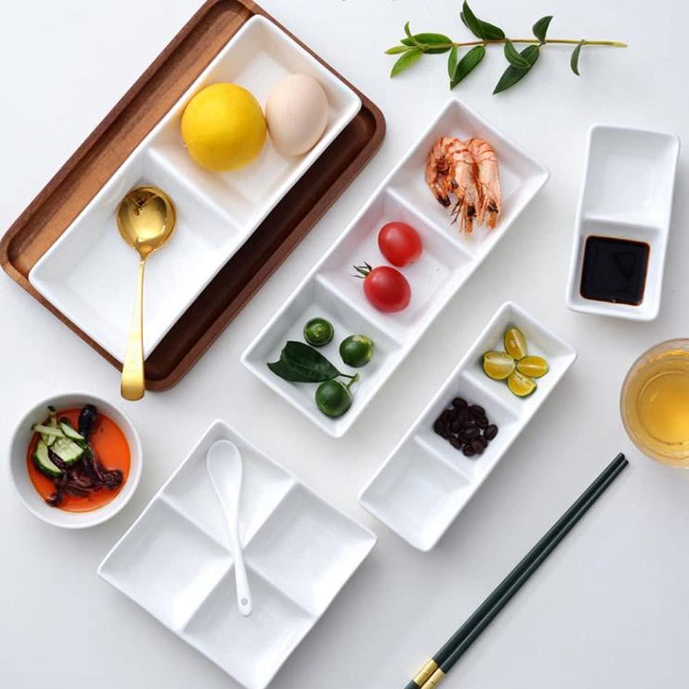 TOMYEUS TOMYEUS salad bowl White Ceramic Soy Sauce Dish 3 Compartment Appetizer Plate Tray Divided Dipping Sauce Dishes for Sushi Ketchup Appetizer Serving (9.65inch small bowl