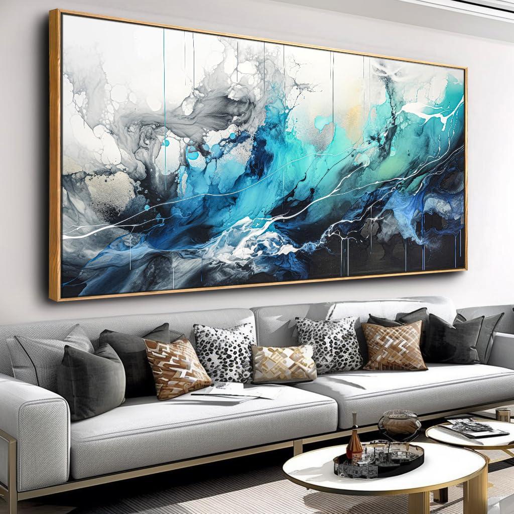 liysawg Wall Art Abstract Canvas Painting Teal Blue Modern Artwork for Living Room Bedroom Dining Room Home Office Decor 30\"x60\" with Framed