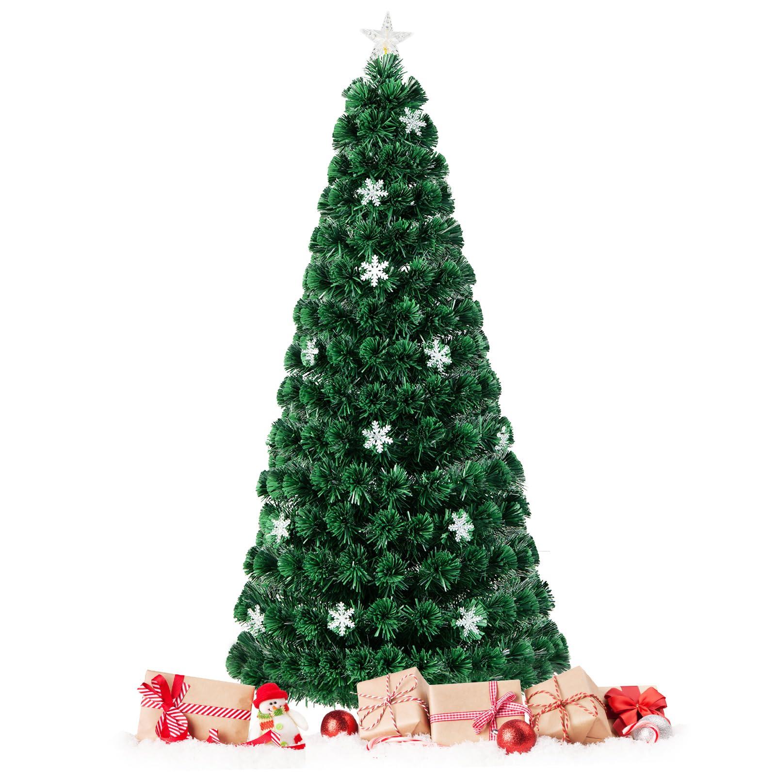 Goplus Goplus 6ft Pre-Lit Fiber Optic Christmas Tree, Artificial Xmas Full Tree with Colorful Snowflake LED Lights, 220 Branch Tips, Foldable Metal Base, for Office Home Holiday Decor