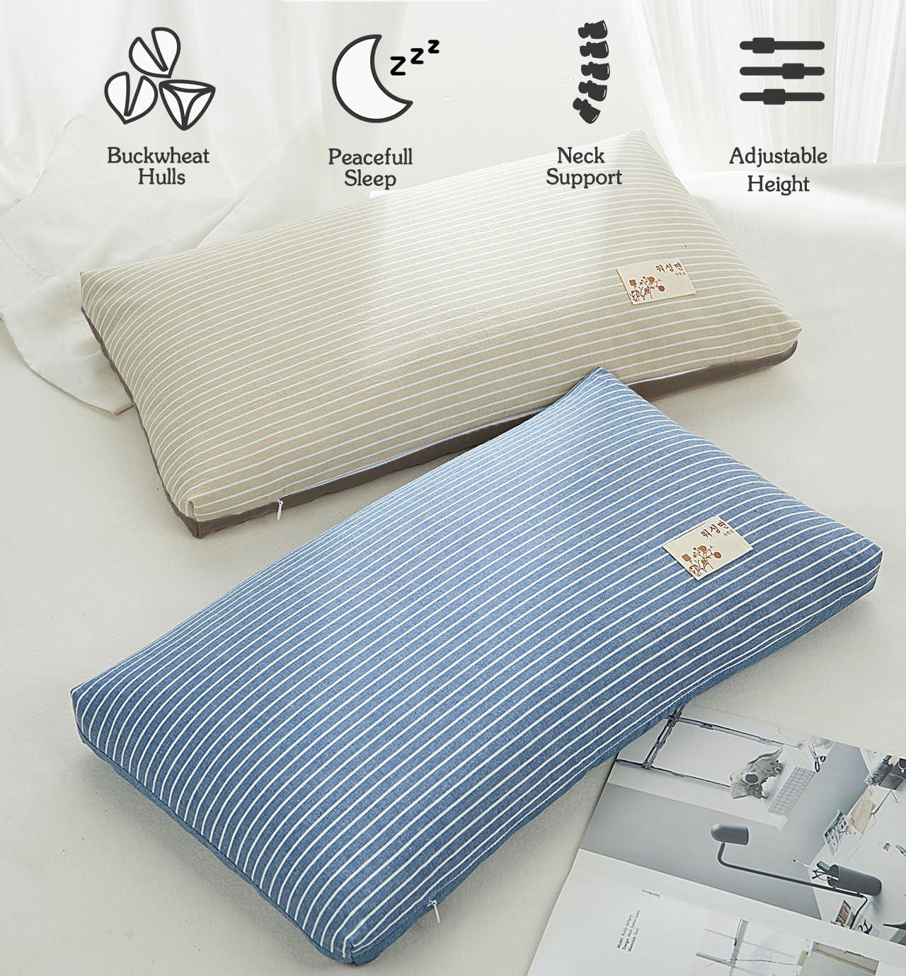 EDMILE EDMILE Buckwheat Bed Pillows for Sleeping, Firm Adjustable Pillow for Neck Pain Relief, Hard Flat Neck Support Pillow, Buckwheat Hull Meditation Cushion with Pillowcase, Blue 24\"X14\"