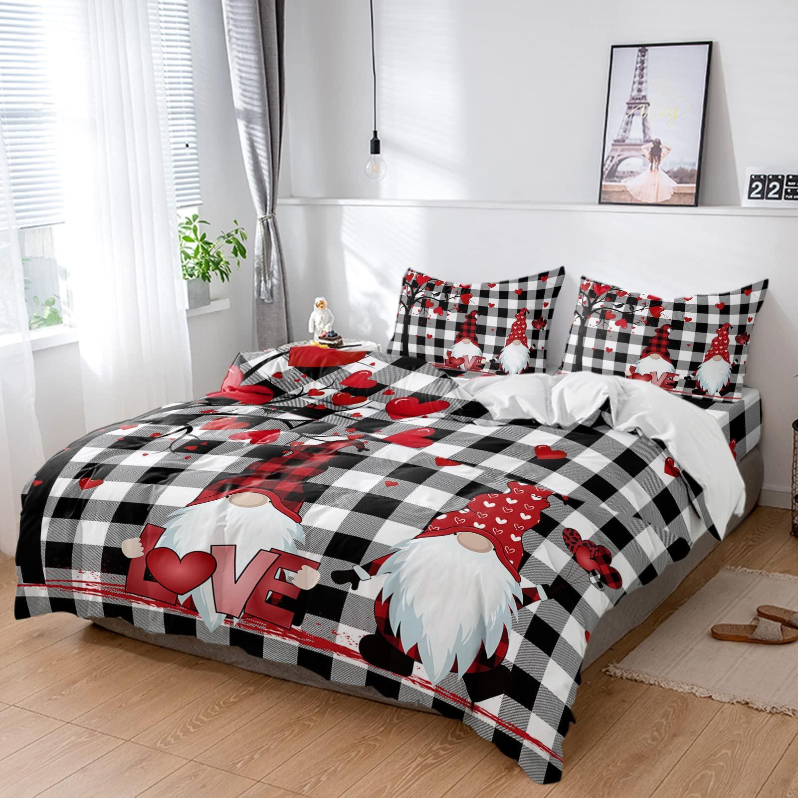 ZFUNCING Duvet Cover California King Size Bedding Set Valentines Love Heart Tree and Gnomes 4 Pieces Microfiber Comforter Cover Soft Duvet Covers Bed Sheet Pillow Cases for Bedroom Retro White Black Lattice