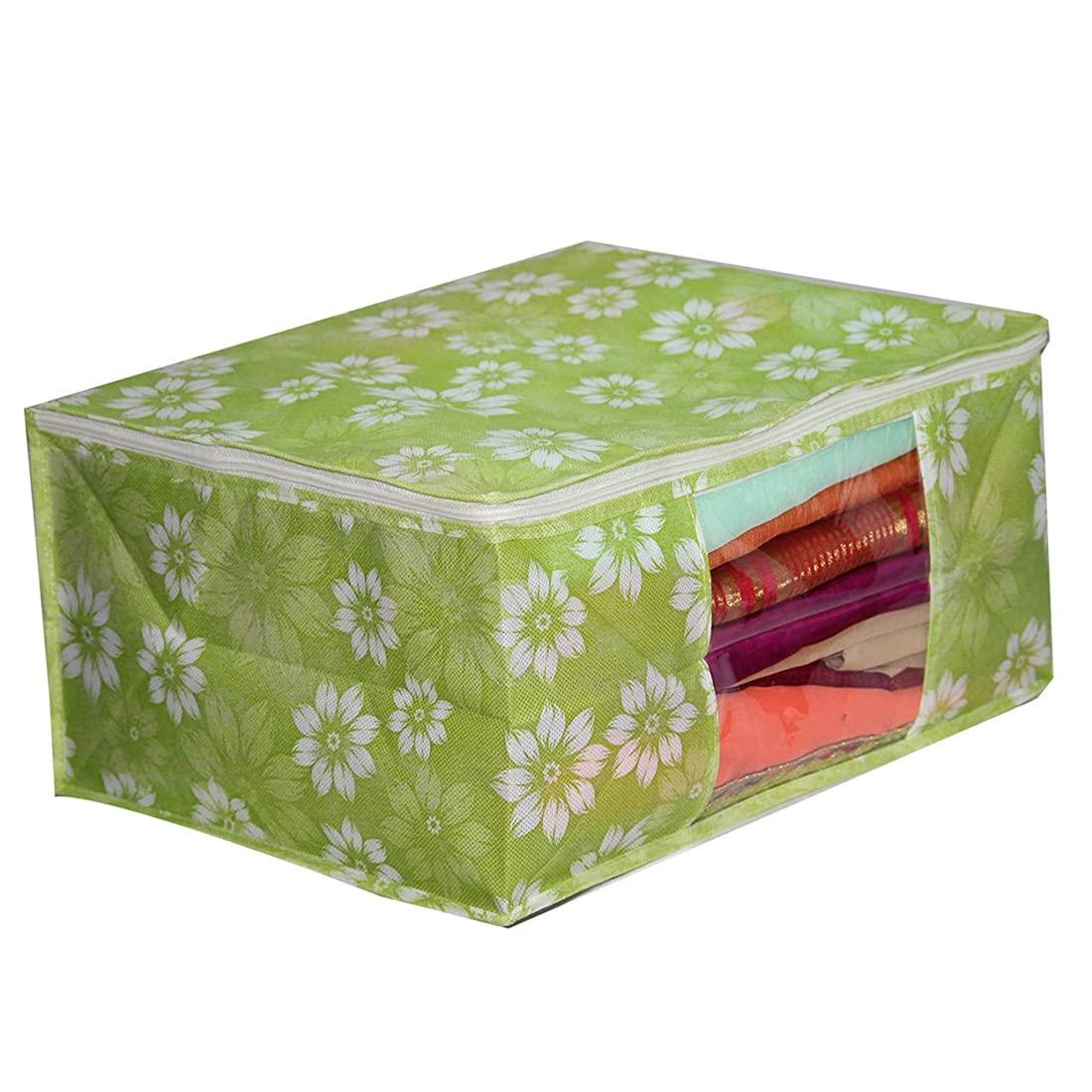 AARON INC AARON INC Non-Woven Fabric Saree Cover/Clothes Storage Bag/Wardrobe Organizer With Transparent Window And Zip for Lehenga, Suit, Dress, & Accessories Flower Print (Green Pack of 2, 45 * 35 * 22 Cm)
