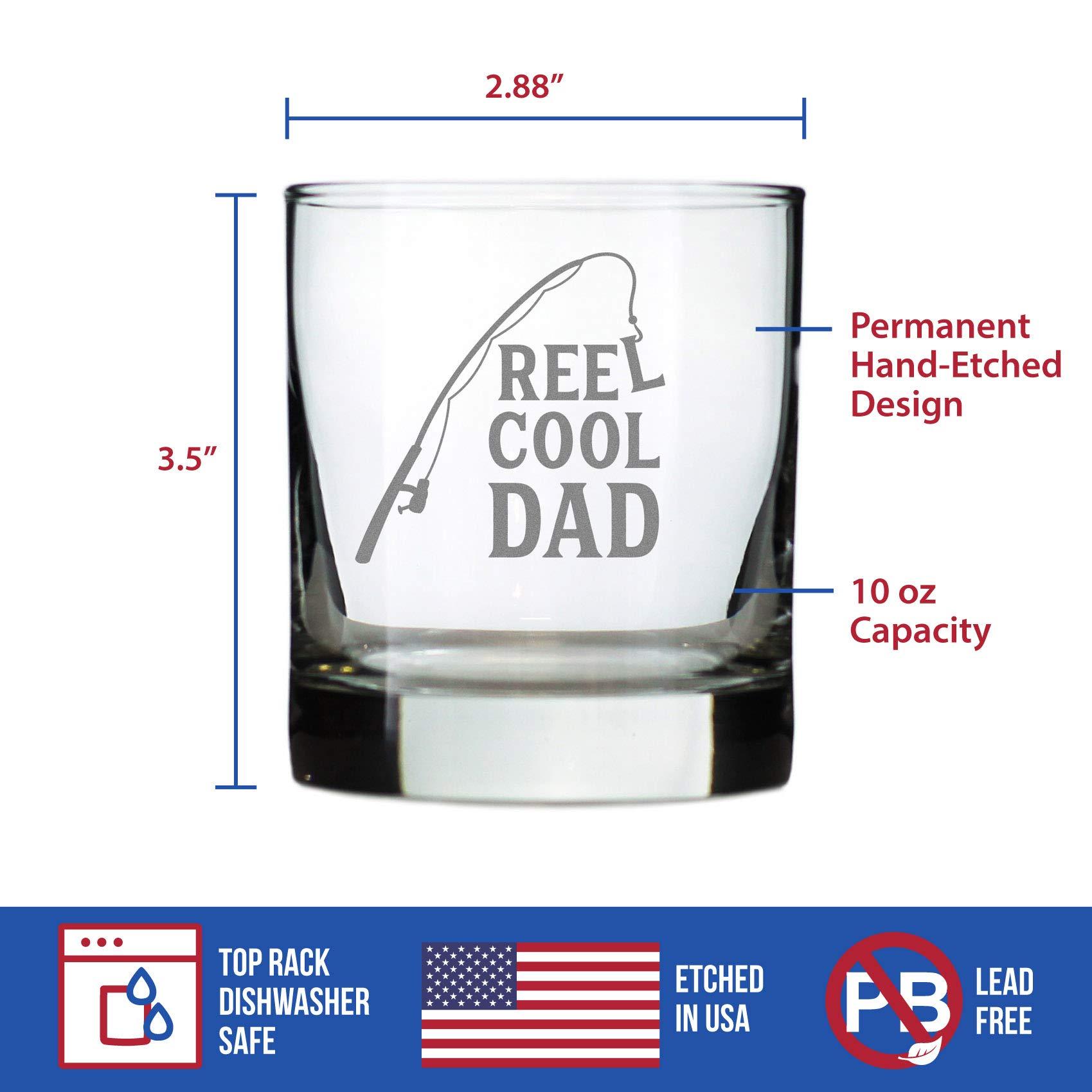 Bevvee Reel Cool Dad - Funny Whiskey Rocks Glass - Fishing Gifts for Fathers - Engraved 10.25 oz Glasses - Fun Fish Cups