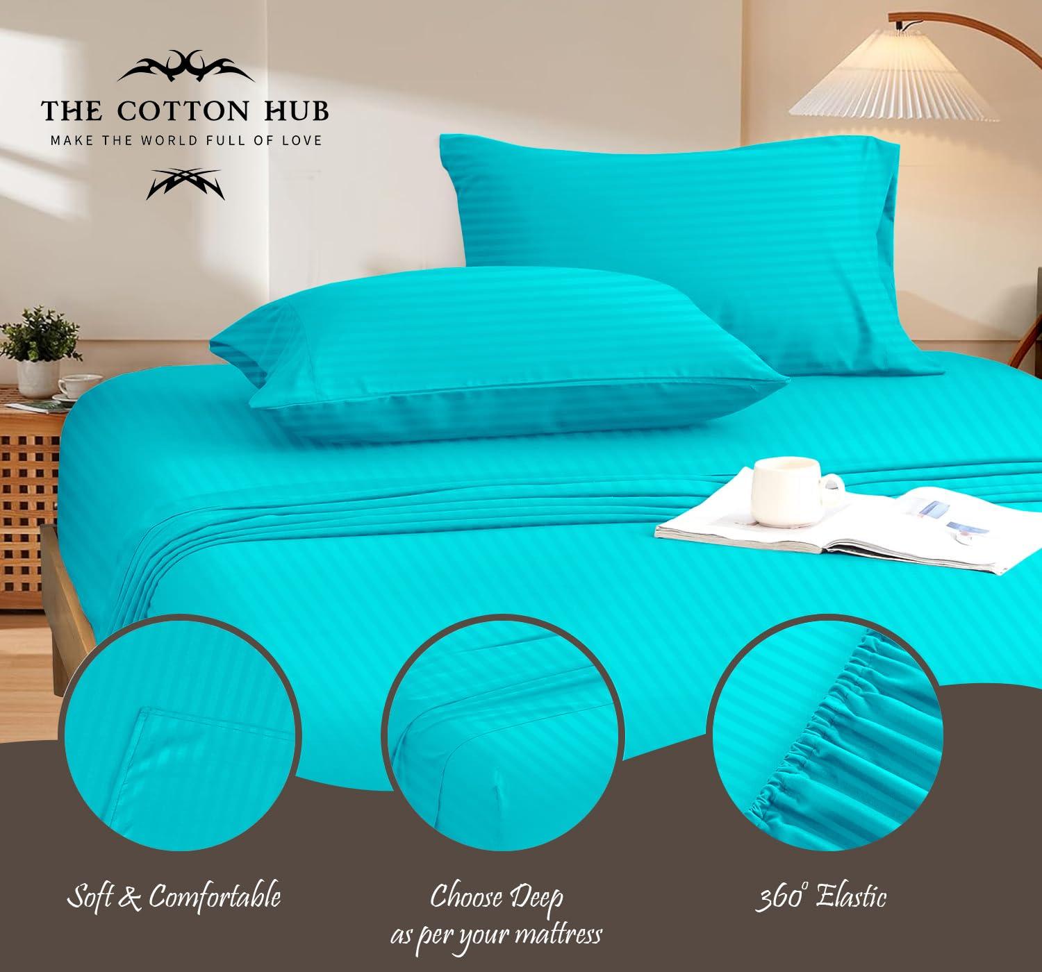 The Cotton Hub Grand King Size 4-Piece Sheet Set 600 Thread Count Peruvian Pima Cotton Bed Sheets fits up to 14-16 inch Deep Pocket (Stripe, Turquoise)