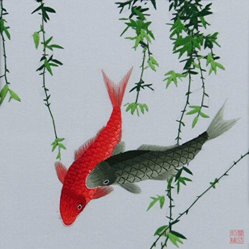 King Silk Art King Silk Art 100% Handmade Embroidery Framed Red & Black Japanese Koi Oriental Wall Hanging Art Asian Decoration Tapestry Artwork Picture Gifts 32004WFB1