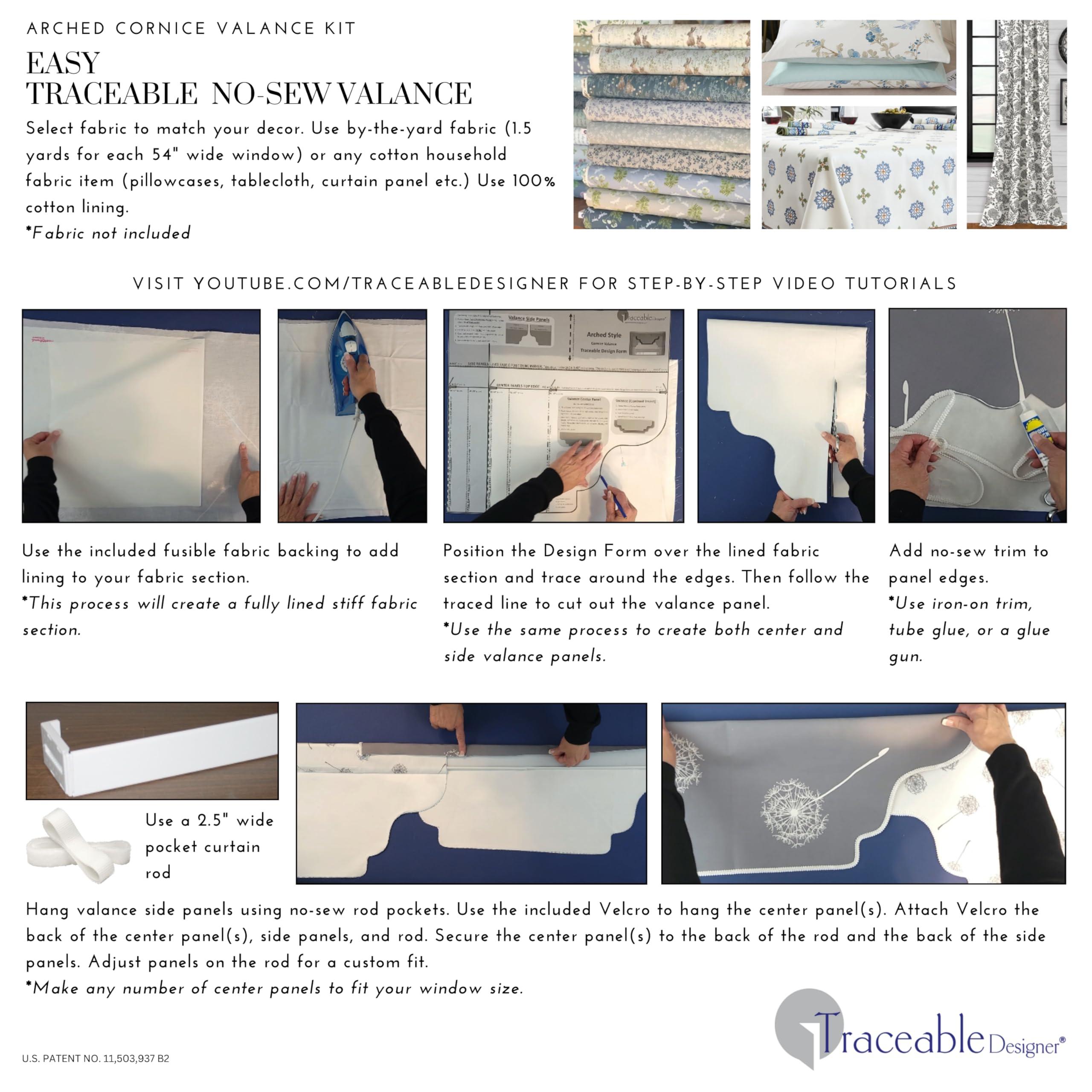 Traceable Designer Traceable Designer Arched Cornice Valance, Patented Sewing Alternative; Kit; Make No-Sew Curtains for Bedroom, Living Room,Use Over Shades or Drapes; Lined; Rod Pocket