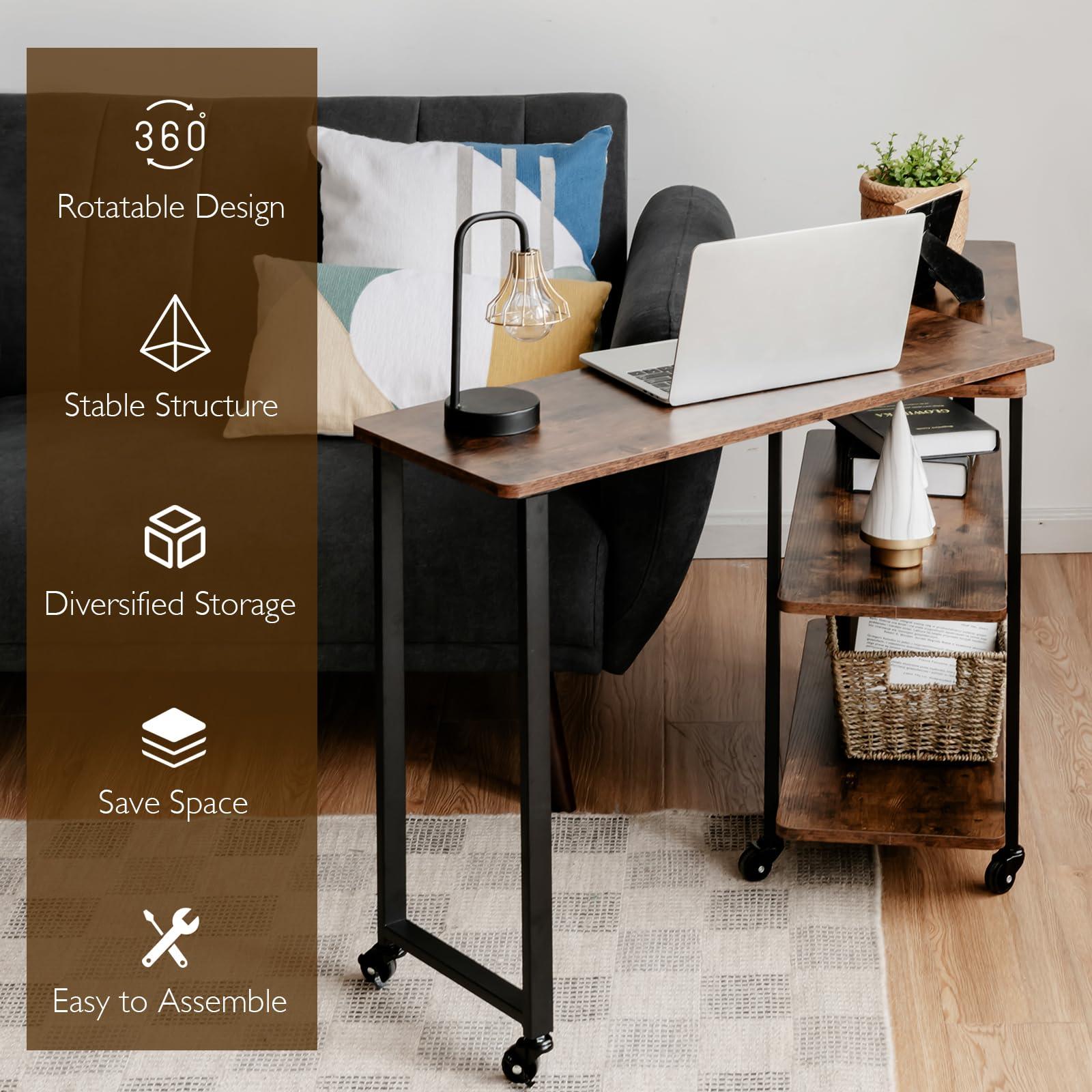 Tangkula Tangkula 360 Free Rotating Sofa Side Table, Patented Mobile Couch Desk with 2-Tier Storage Shelves, Movable Laptop Table with Sturdy Metal Frame, Couch Table Snack Table for Home Office