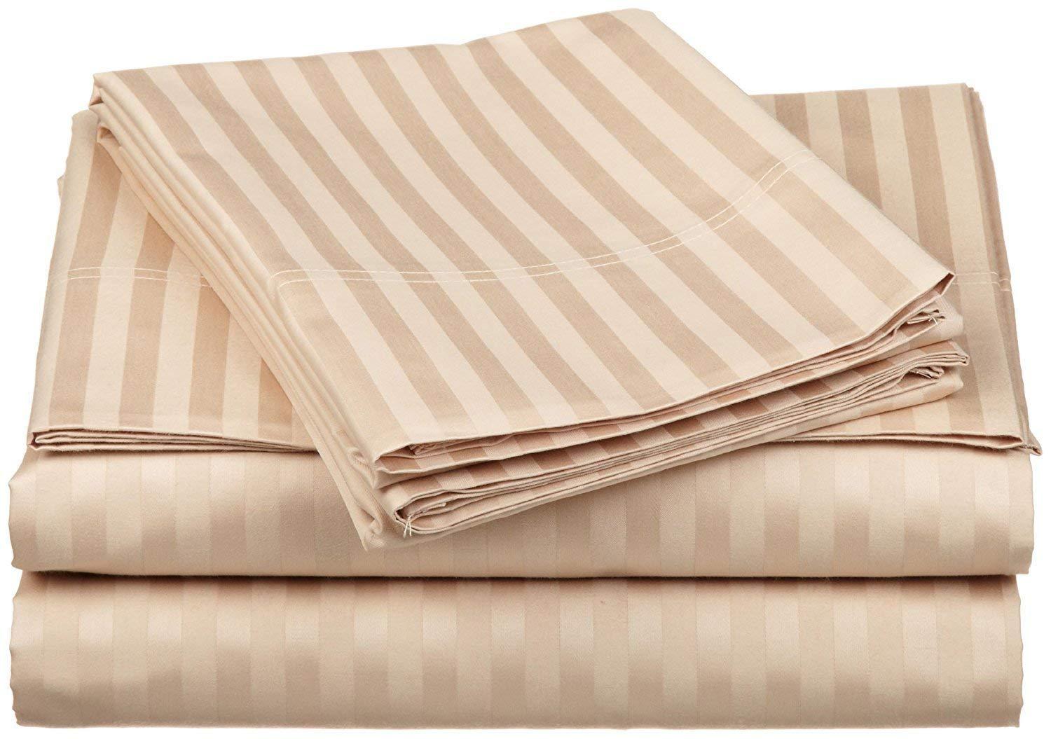 Ossam Linen Ossam Linen Genuine 1500-Thread-Count Heavy Rich Egyptian Cotton 4-PCs Sheet Set California King Size Fits 10-12 Inches Deep Pocket (Stripe, Beige)