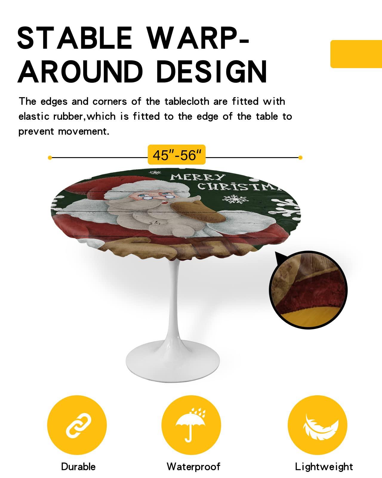 SEVENBABU SEVENBABU Round Table Cover 45-54 Inch, Waterproof Reusable Table Cloth Round Fitted Vinyl Tablecloth with Elastic Edged for Parties Outdoors, Merry Christmas Joy Santa Claus Green Wood Grain