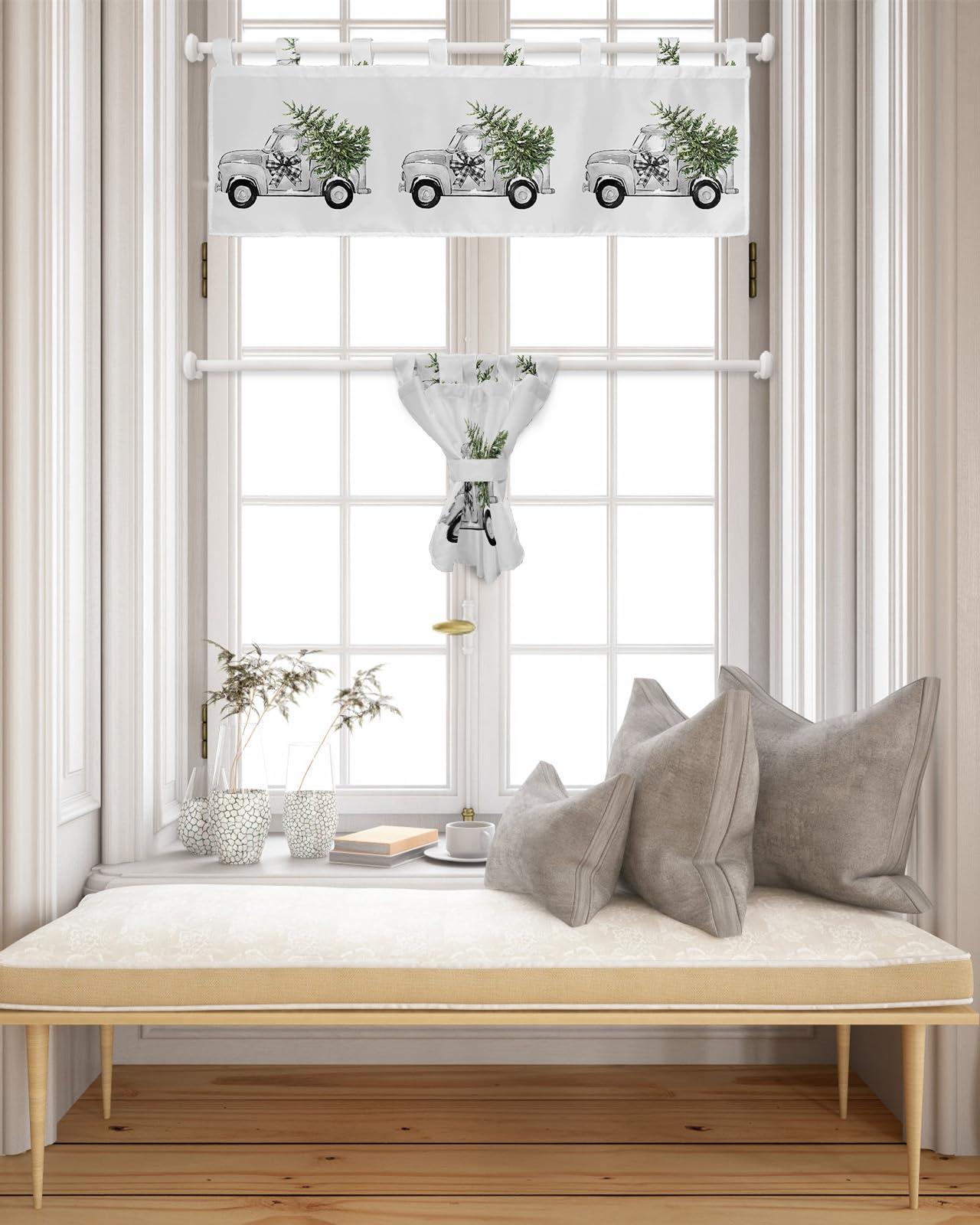 ZOE GARDEN Christmas Tab Top Valances for Windows, Short Window Treatment Vanlance Curtains & Drapes for Kitchen Living Room Bathroom Bedroom Cafe Classic Old World Car Xmas Green Pine Tree 54\'\' x 18\'\'