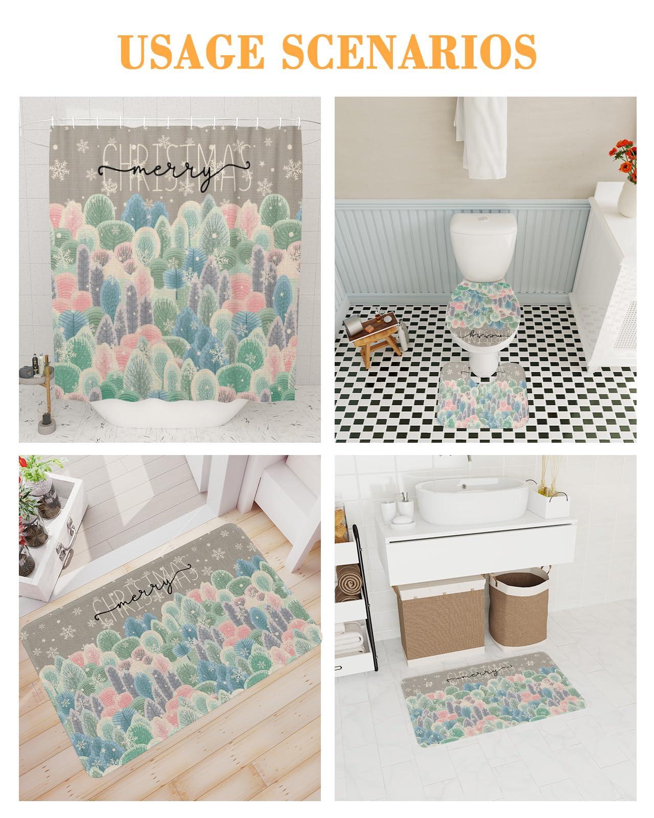 ZOE GARDEN Christmas Bathroom Set with Shower Curtain Rug Accessories,72x72 Inches Long Curtain with Large Bath Mat,Washable Floor Runner Rug Set,Hooks Winter Forest Snowy Xmas Rainbow Tree Snowflakes