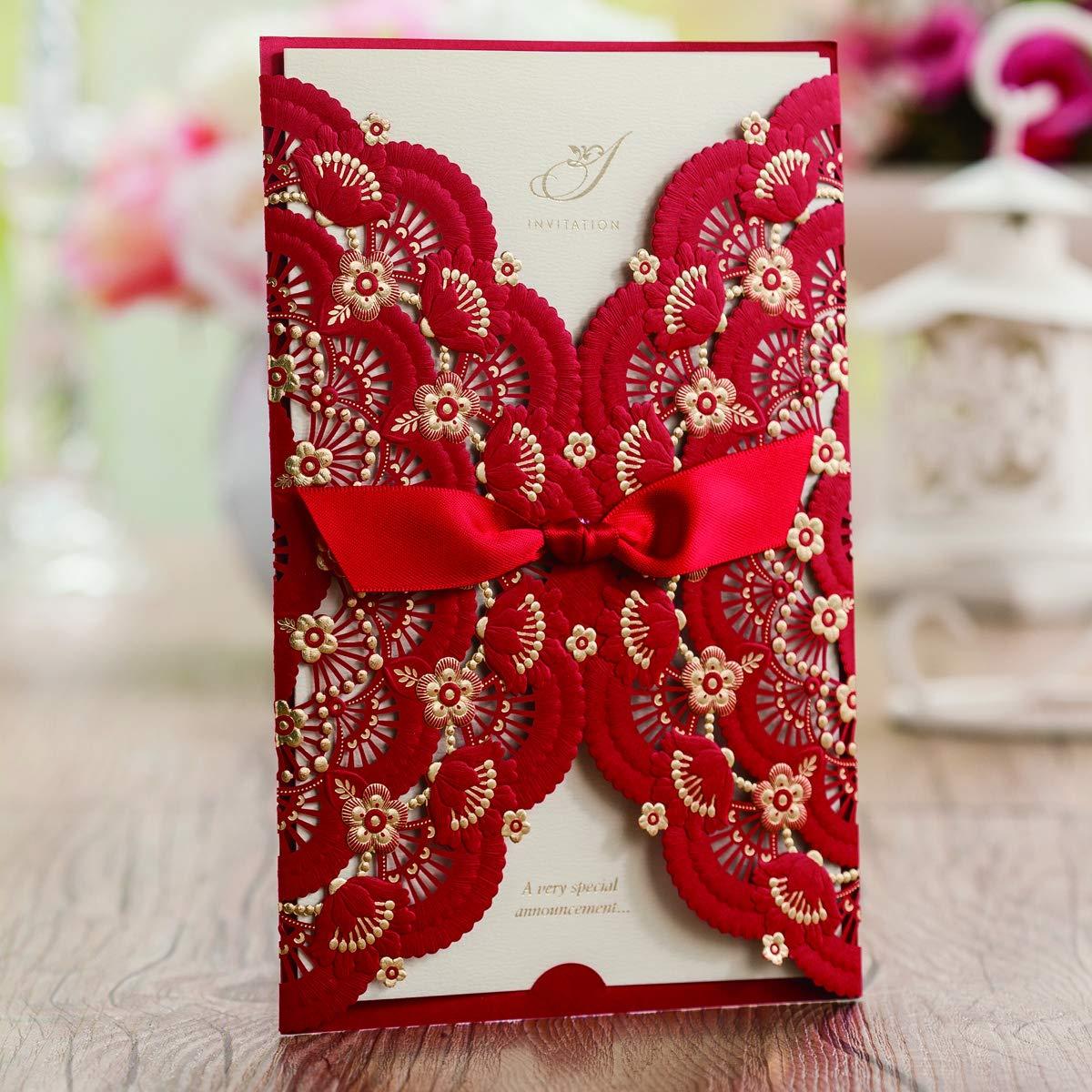 WISHMADE Hosmsua 50PCS Customized Red Wedding Invitations Cards with 5 x 7.4 Inch Laser Cut Rose Foil Gold Floral Pocket Invitions for Wedding Quinceanera Invite