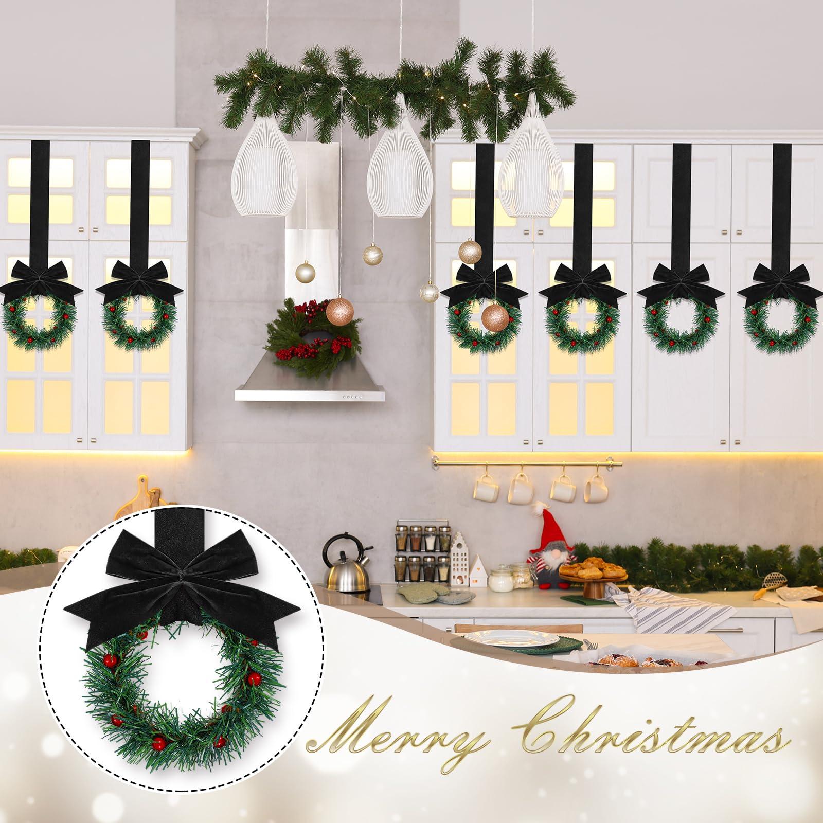 Retrowavy Retrowavy 12 Pcs Christmas Kitchen Cabinet Wreaths with Ribbon Mini Christmas Wreath Small Kitchen Wreath Greenery Wreath for Window Door(Black,Classic Style)