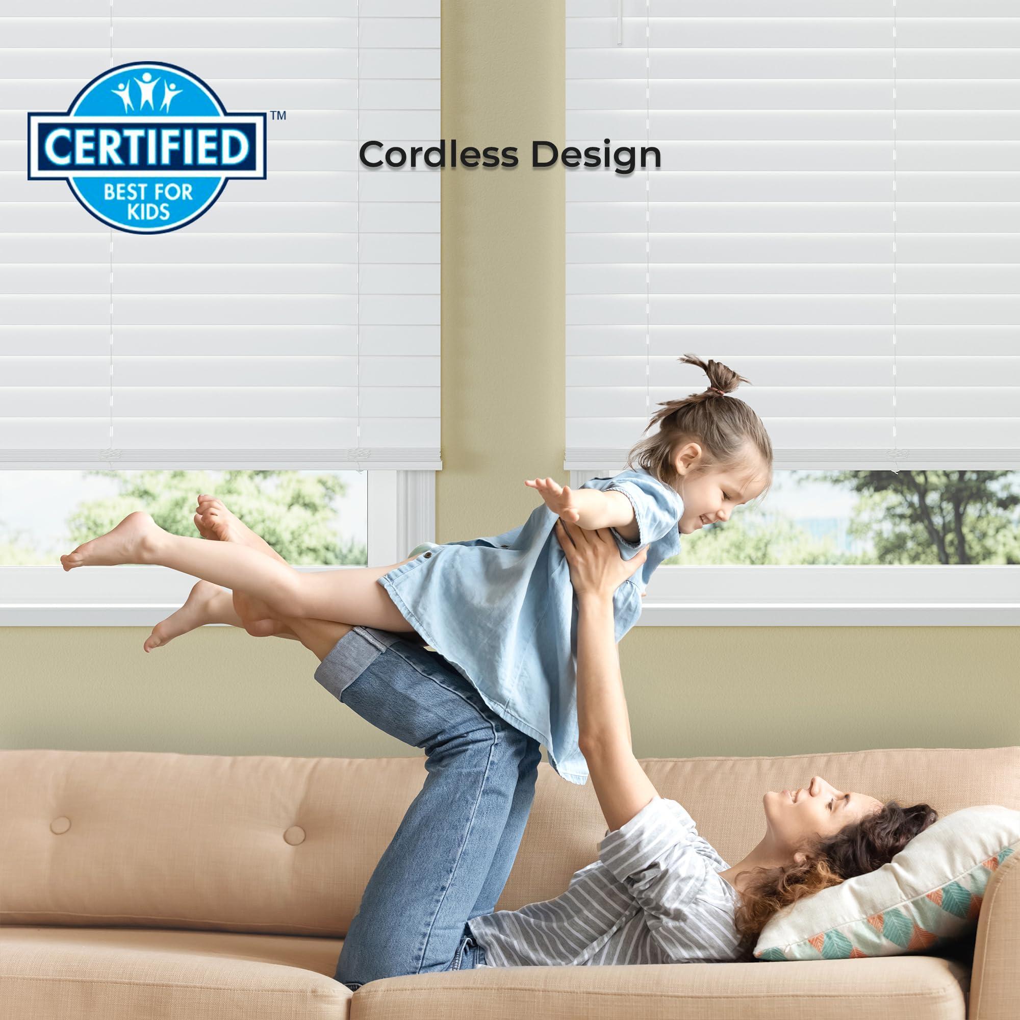 Lumino 2.5 Inch Cordless Faux Wood Blind, 60" W x 60" L - White Plantation Style Venetian Blinds, Over 400 Custom Sizes Starting at 29.97, Room Darkening Shades for Interior Windows by Lumino