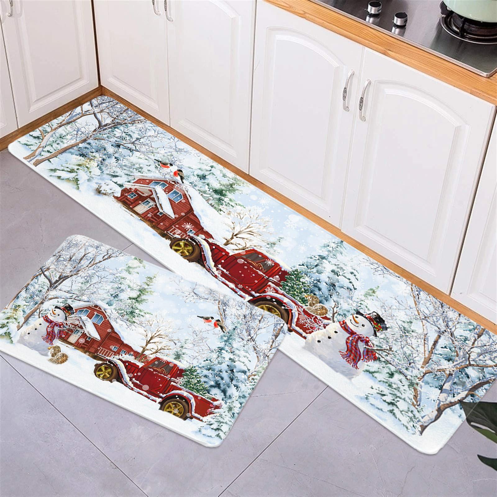 Chucoco Farm Christmas Kitchen Floor Mats, Red Barn House Truck with Snowman 2 PCS Anti Fatigue Area Runner Rugs Set Winter Forest Non-Slip Bathroom Comfort Standing Mat Home Decor