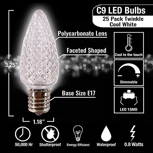 MIK Solutions MIK Solutions C9 LED Bulb (Pack of 25) Cool White Replacement Christmas Light Bulbs Faceted Retrofit Candle Shape Commercial Grade E17 Socket Roof Lights Bulbs
