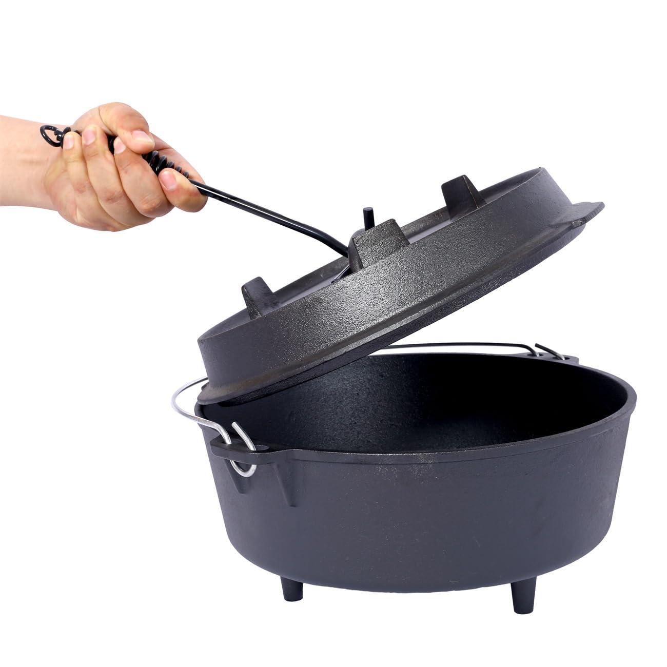 ZeHuoGe Camping Dutch Oven, Pre-Seasoned Camp Cookware Pot With Lid - Lid Lifter, Cast Iron Deep Pot with Metal Handle for Camping Cooking BBQ Baking Campfire, Black (6 QT)
