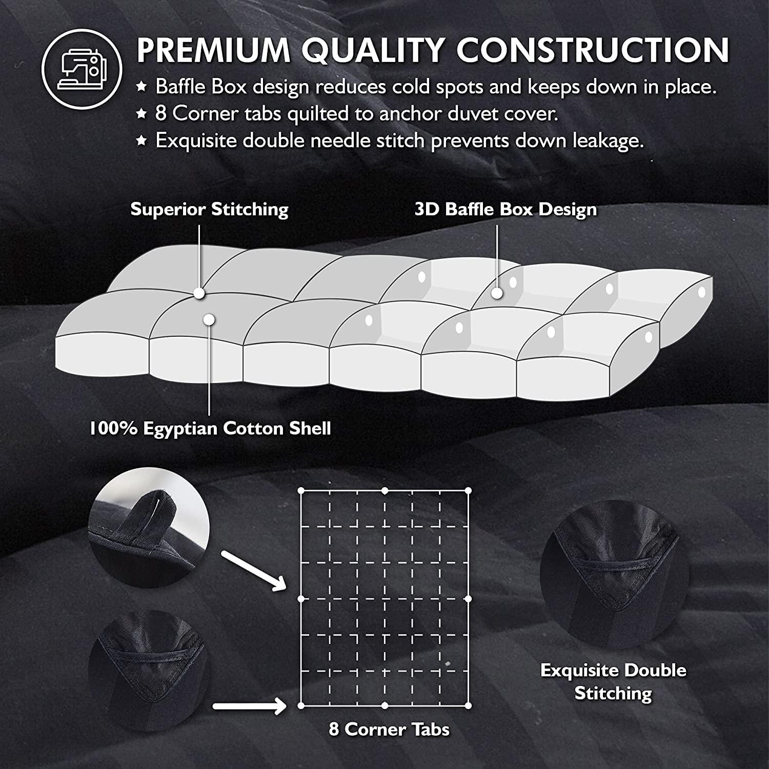 EGYPTIAN BEDDING Luxurious Queen Size Goose Down Feather Fiber Comforter Duvet Insert, Ultra-Soft 100% Egyptian Cotton Cover, 60 oz. Fill Weight, All-Season Black Stripe Comforter