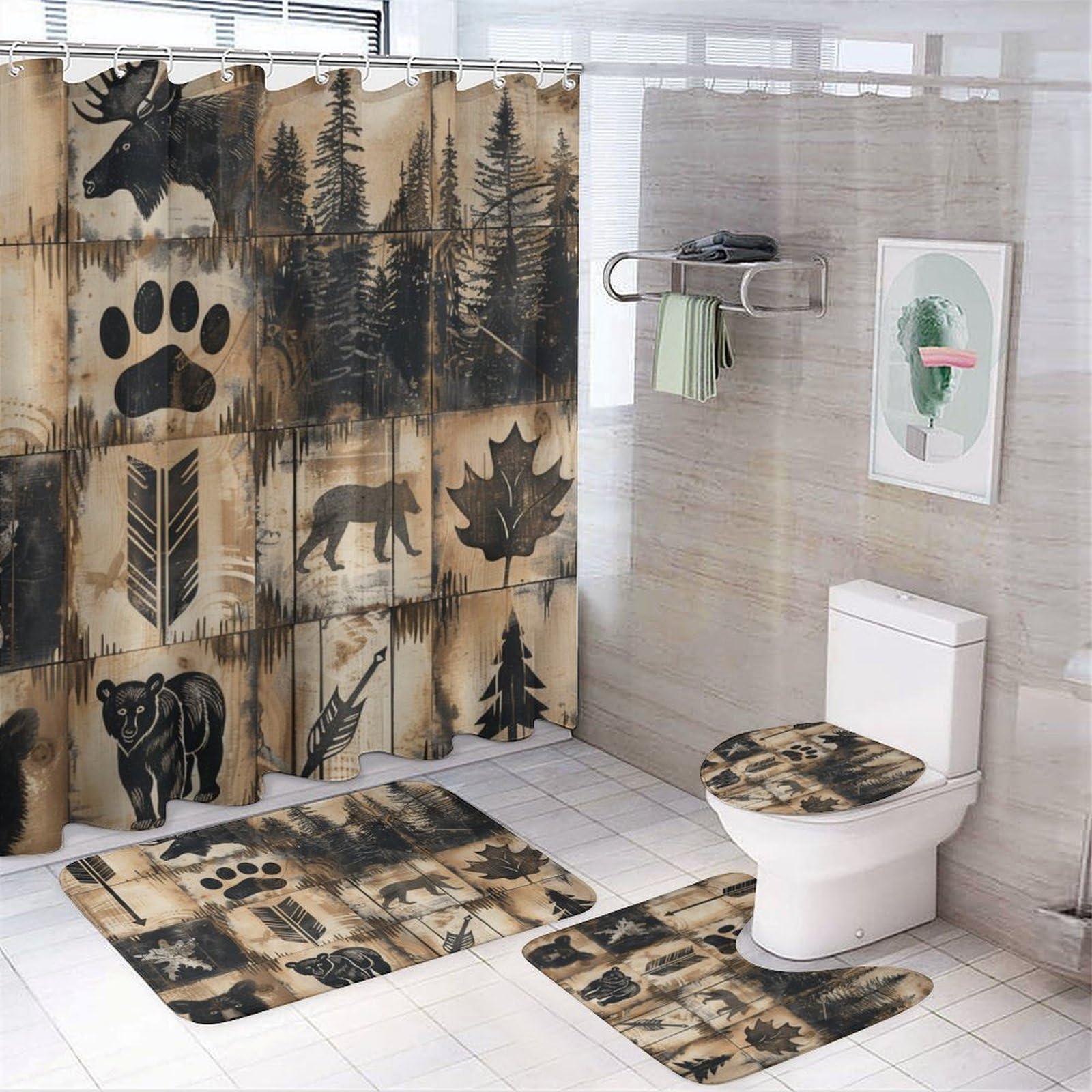 Brebasf Rustic Hunting Theme Lodge 4 Pcs Shower Curtain,Abstract Forest Farm Farmhouse Bear Claw Print Deer Shower Curtain Set Non-Slip Rugs Toilet Lid Cover Bath Mat 12 Hooks
