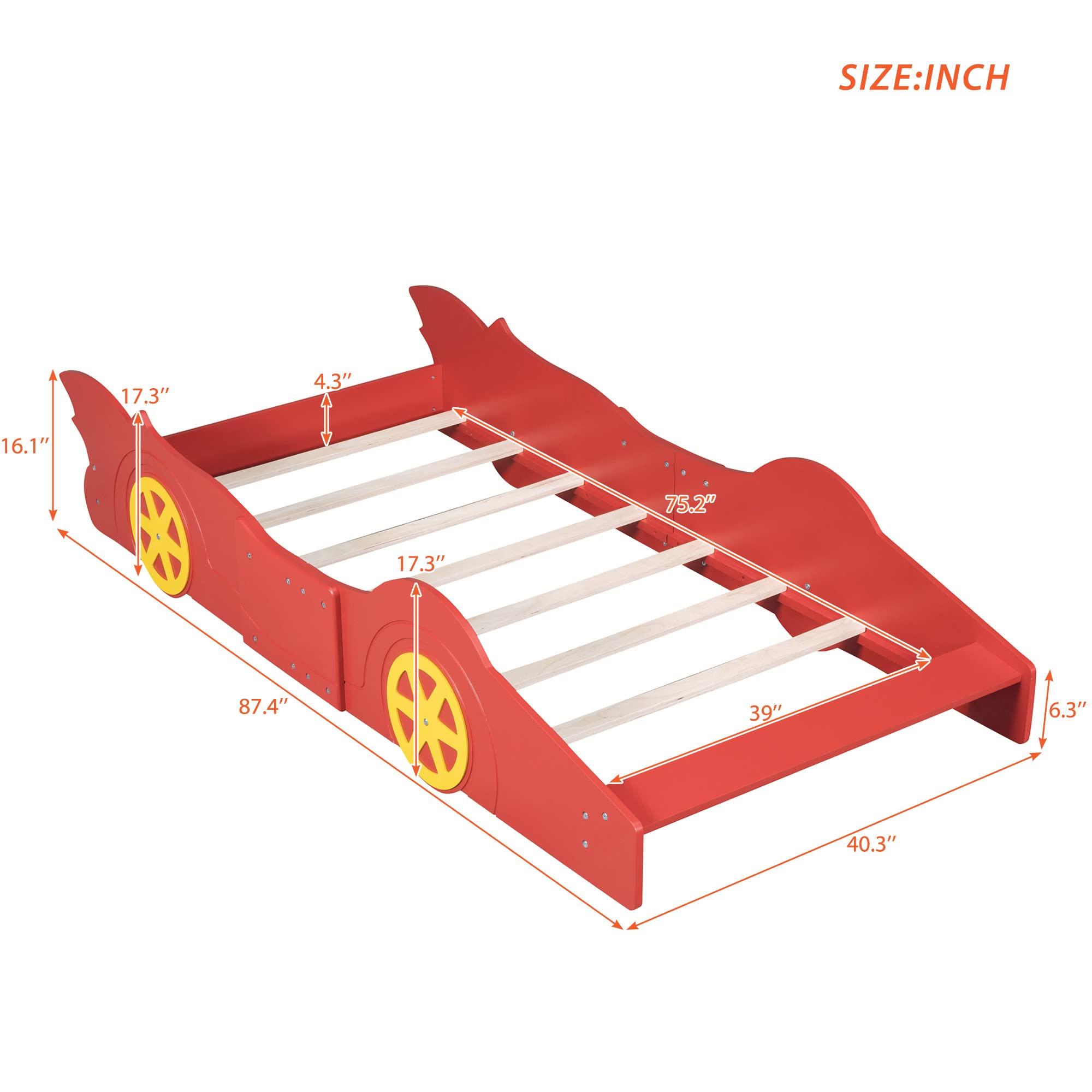 SOFTSEA SOFTSEA Twin Size Race Car Bed with Wheels, Car Shaped Platform Bed for Kids, Wood Car Bed Frame with Guardrails, Twin Car Shaped Bed for Kids Boys, No Box Spring Needed, Red