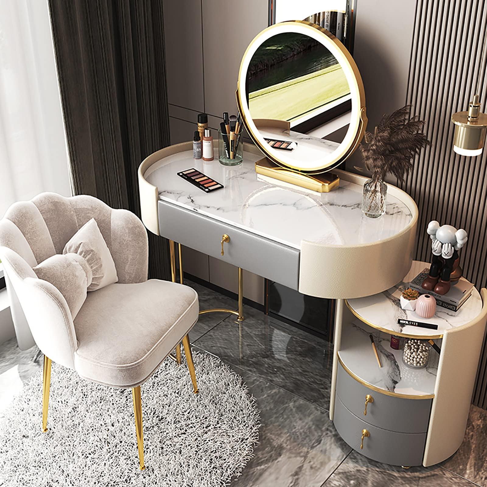 REALN REALN Dresser Table Women Vanity Makeup Table Set Makeup with 3 Drawers Dressing Table with Lighted Mirror and Chair Vanity Benches Desk for Her (Color : Gray, Size : L:80cm/31.5\")
