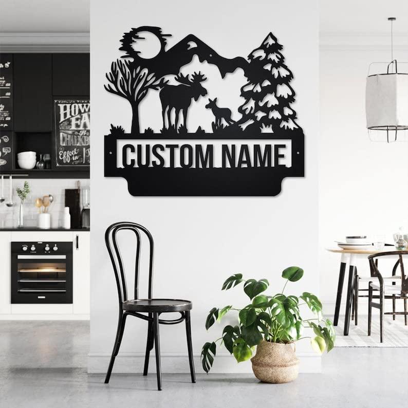 VVEDESIGN VVEDESIGN Custom Moose Metal Wall Sign - Personalized Moose Metal Wall Art - Moose Metal Wall Decor - Metal Home Decor - Custom Gifts - Name Signs