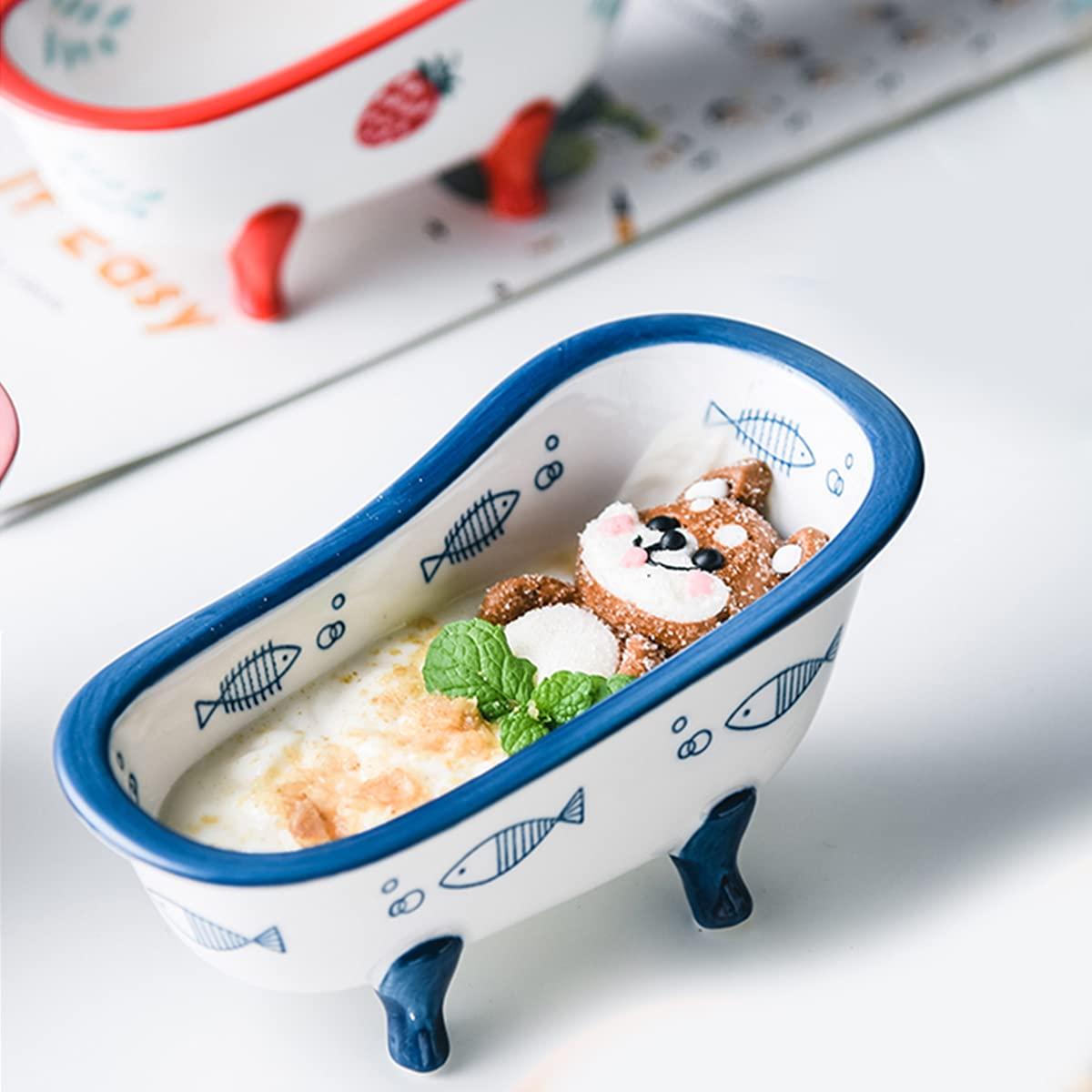BAYAJIAZ Creative ceramic cute bathtub bowlGeBAYAJIAZit10.8 ounces, suitable for ice cream, desserts, salads, fruit, pudding, Small fish patterns