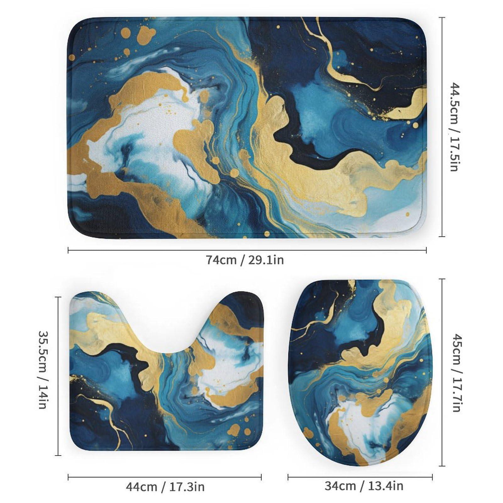 Dunmat Scandinavian Style Marble Shower Curtain 4 Piece Sets with Non-Slip Rugs,Toilet Lid Cover And Bath Mat Navy Blue Gold Fluid Abstract Modern Waterproof Shower Curtain with 12 Hooks Bathroom Set Home De