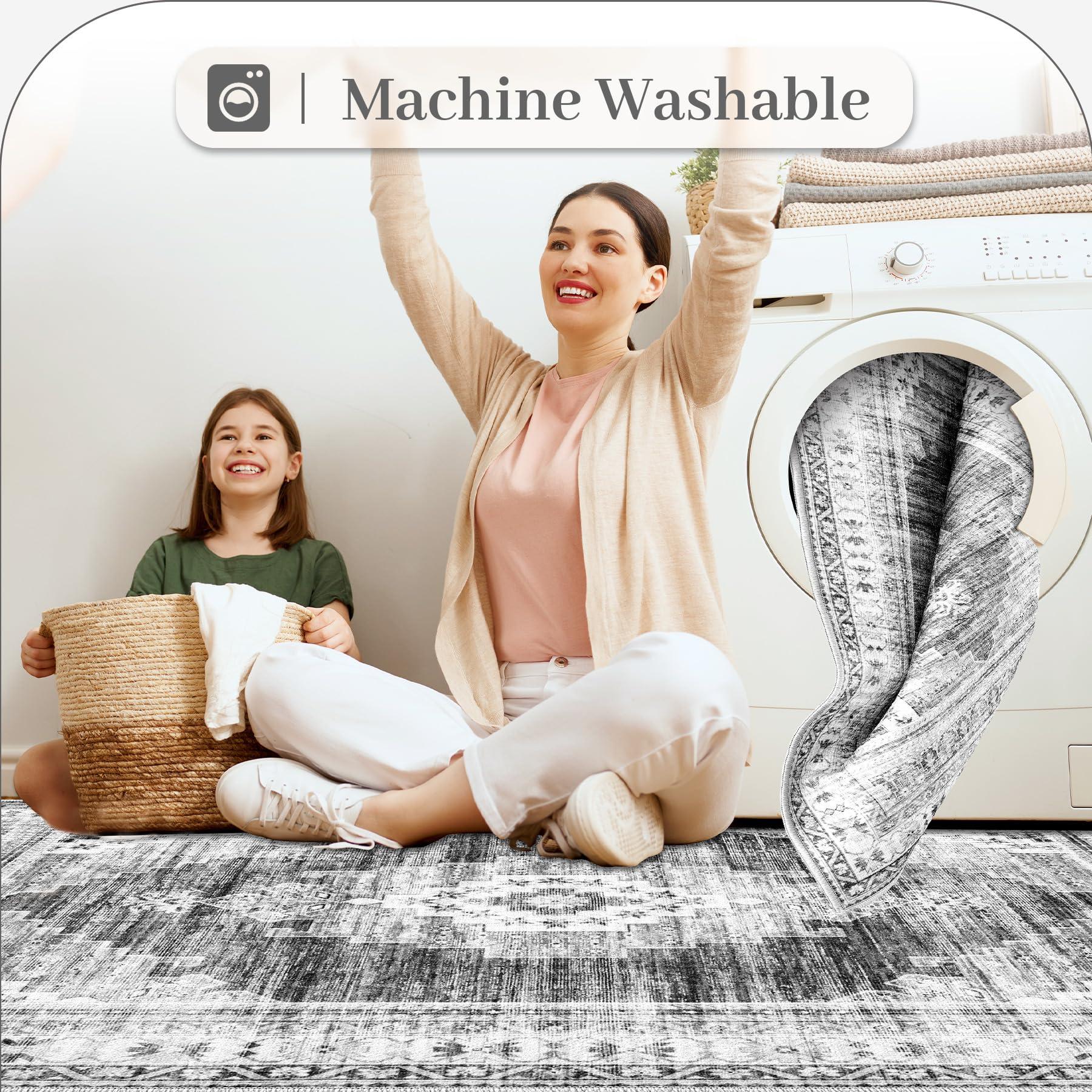 Zomfy Boho Area Rug 9x12 Large Rug: Washable Non-Slip Rugs Chenille Print Rug Soft Low-Pile Indoor Vintage Carpet for Living Room Bedroom Dining Table Kitchen Home Office(Grey, 9'x12')