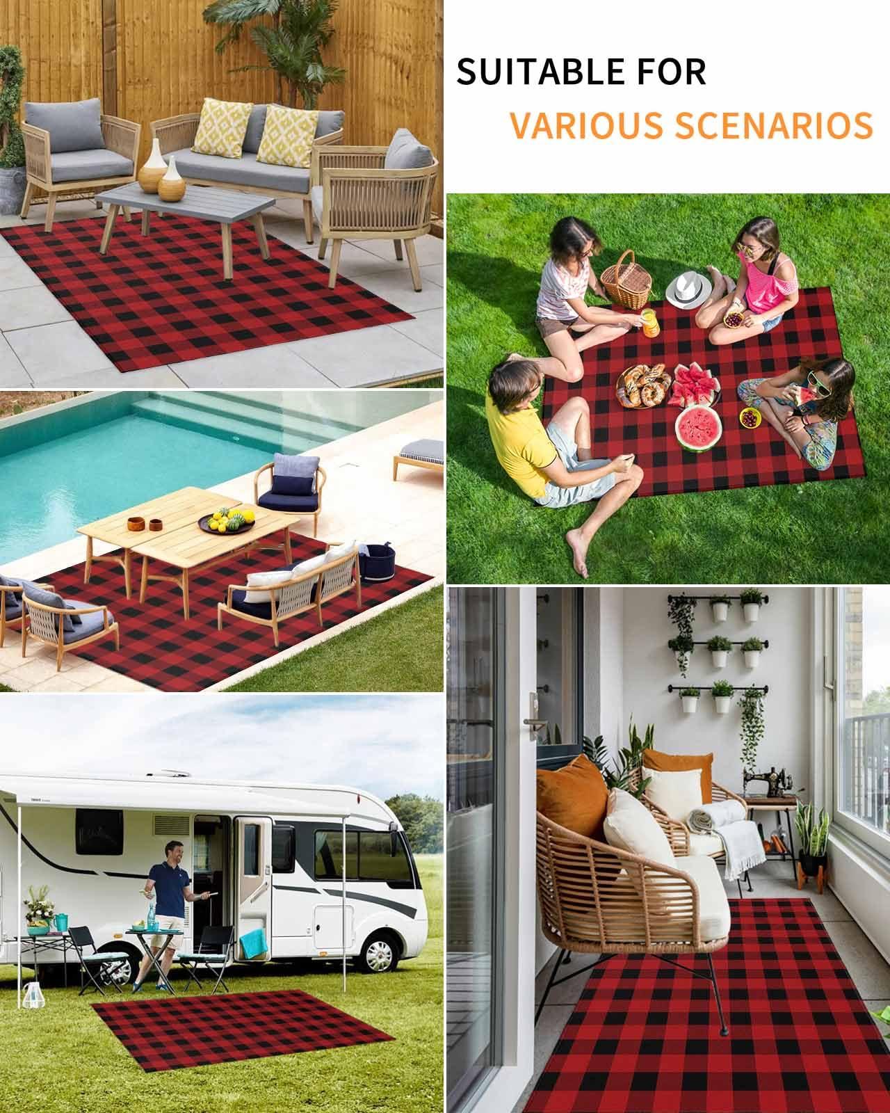 Vandarllin Outdoor Patio Rugs Red Black Plaid Outdoor Area Rug Buffalo Check Geometric Checker Pattern Non-Slip Backyard/Camping RV Rug/Deck/Porch Rug Front Door Floor Mat Carpet,6x9ft,