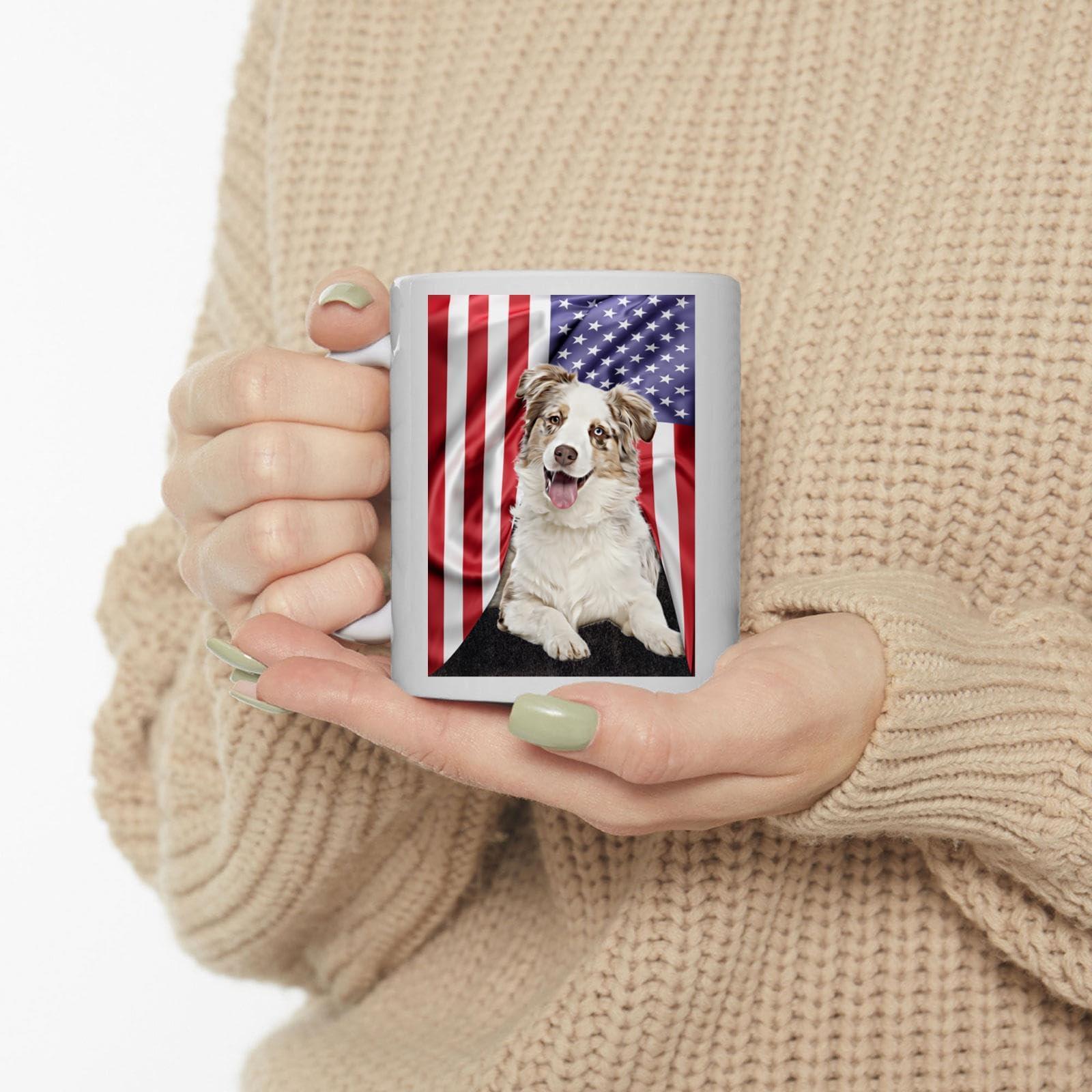 Lovesout Lovesout American Themed Design with Red Merle White Australian Shepherd Coffee Mug White Ceramic Tea Cup 11oz Puppy Owner Gifts