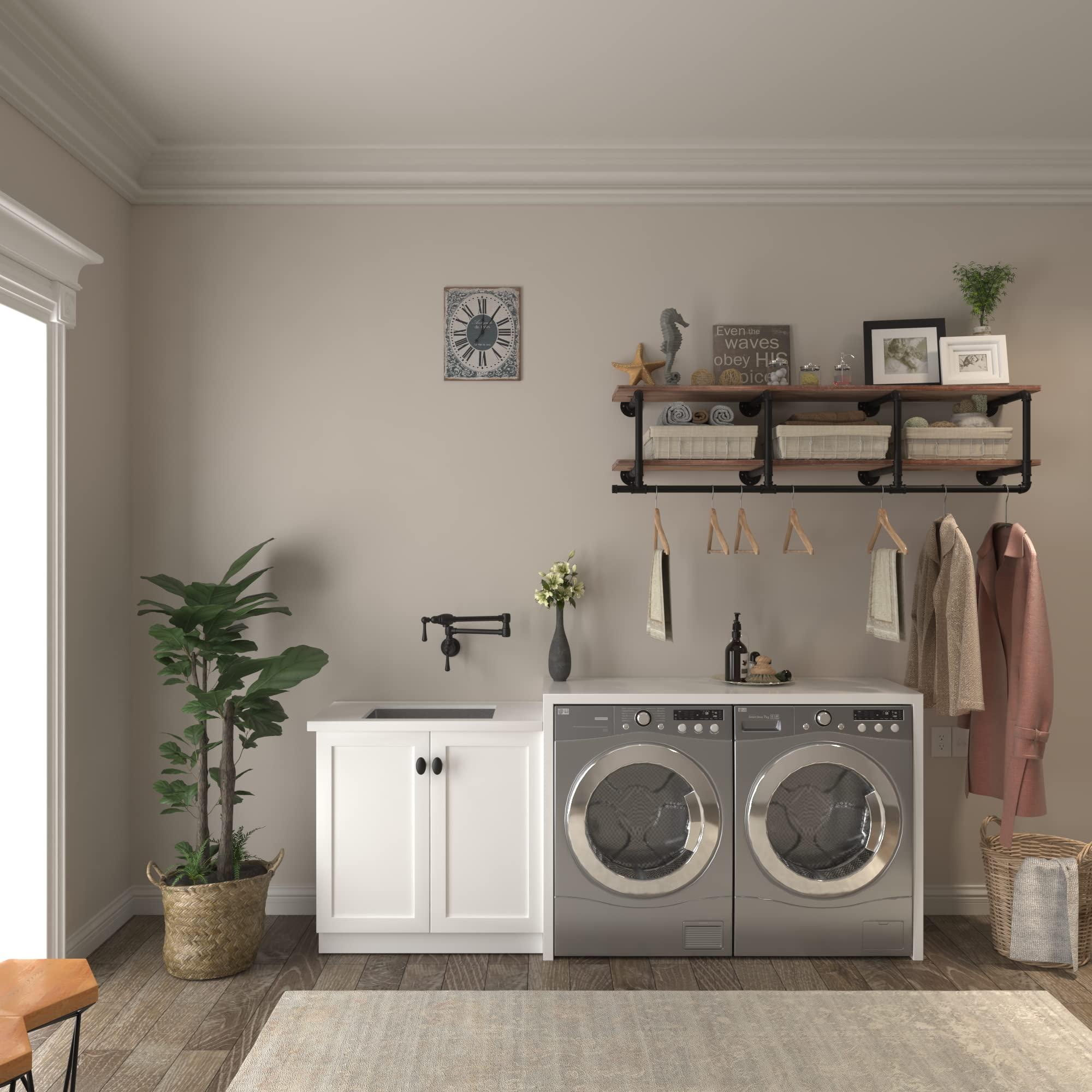 TEDIDUWA TEDIDUWA 60In Industrial Pipe Clothing Rack with Top Shelf, Space-Saving Wall Mounted Clothes Rack 2 Tiers Pipe Shelves, Shelf with Hanging Rod for Laundry Room, Closet Storage