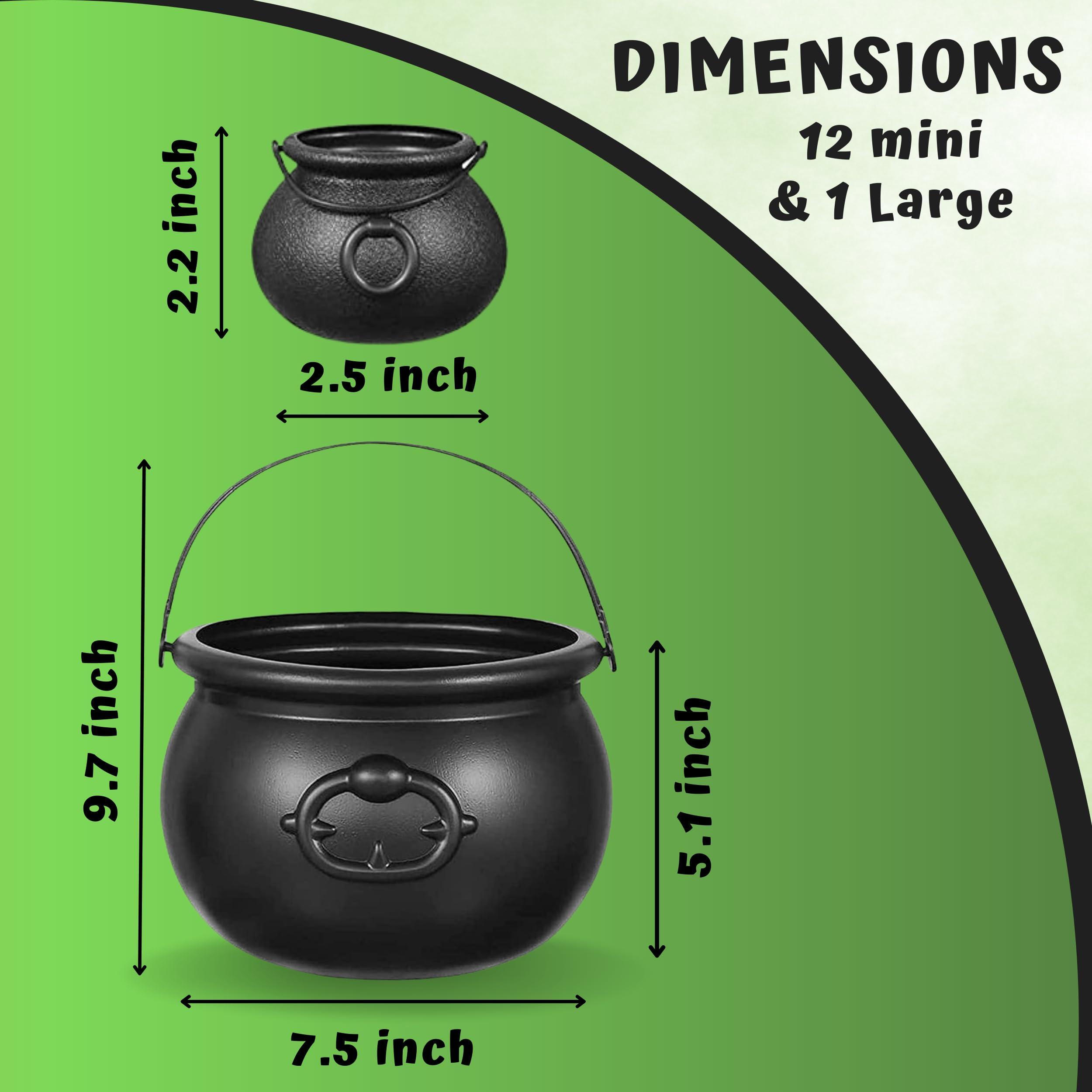 4E\'s Novelty 4E\'s Novelty Black Plastic Cauldrons Bulk - 12 Mini & 1 Large 7.4\" Perfect Halloween Black Cauldron, Cauldron Halloween Candy Bucket, Halloween Mini Cauldron, Trick or Treat Halloween Cauldron Bucket