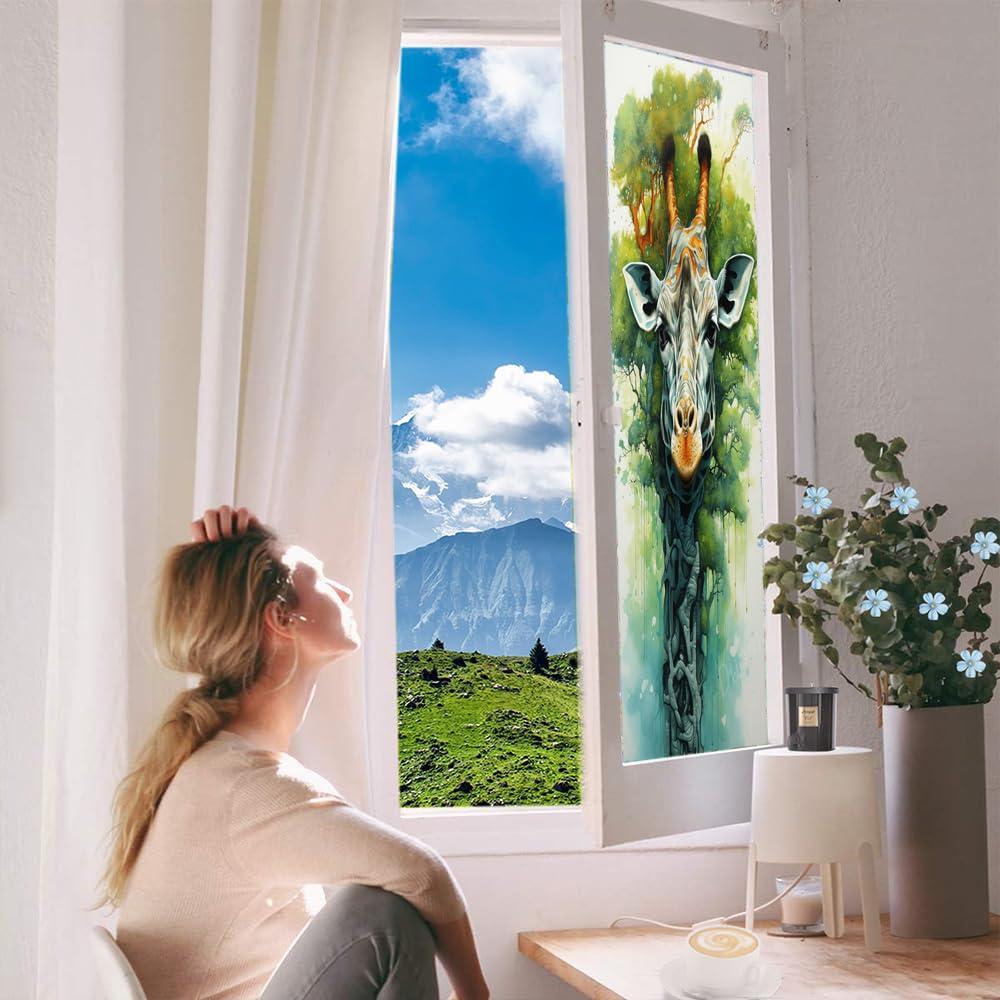 SOPIYRIO SOPIYRIO Abstract Giraffe Stained Glass Window Film Colourful Tree Interesting Animal Privacy Window Film Non-Adhesive Glass Film Decorative Static Cling Film for Home Office 31.5Wx55.1L inch