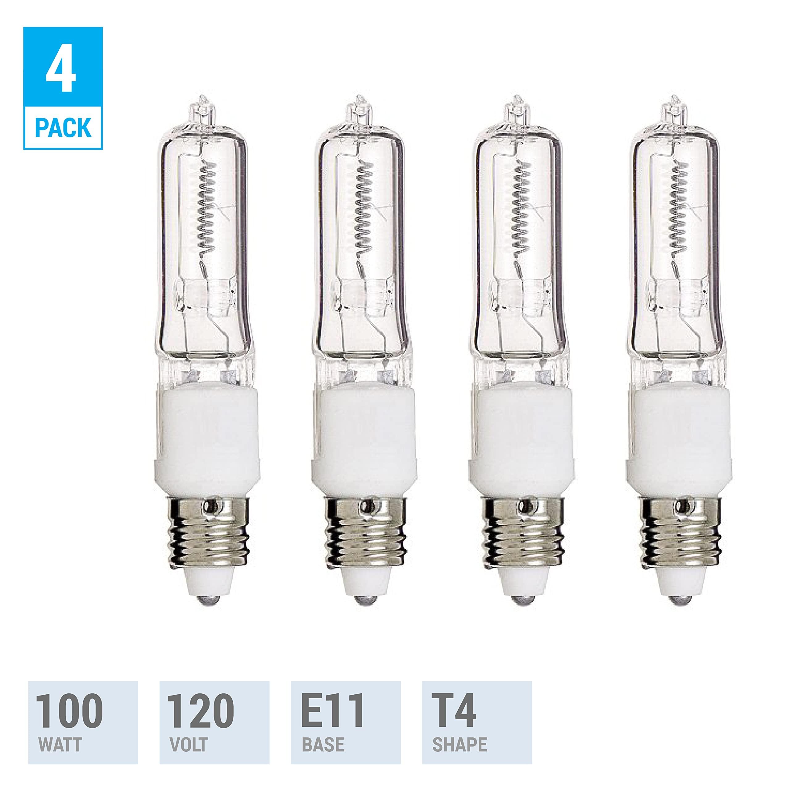 KOR Pack of 4 – 100 Watt JDE11 Halogen candelabra bulb – 100W T4 120V Light Bulbs-Clear Finish -E11 Mini-Candelabra Base T4 Bulb–Dimmable-Warm White– Q100CL/MC, for Chandeliers, Pendants, Cabinet Lighting