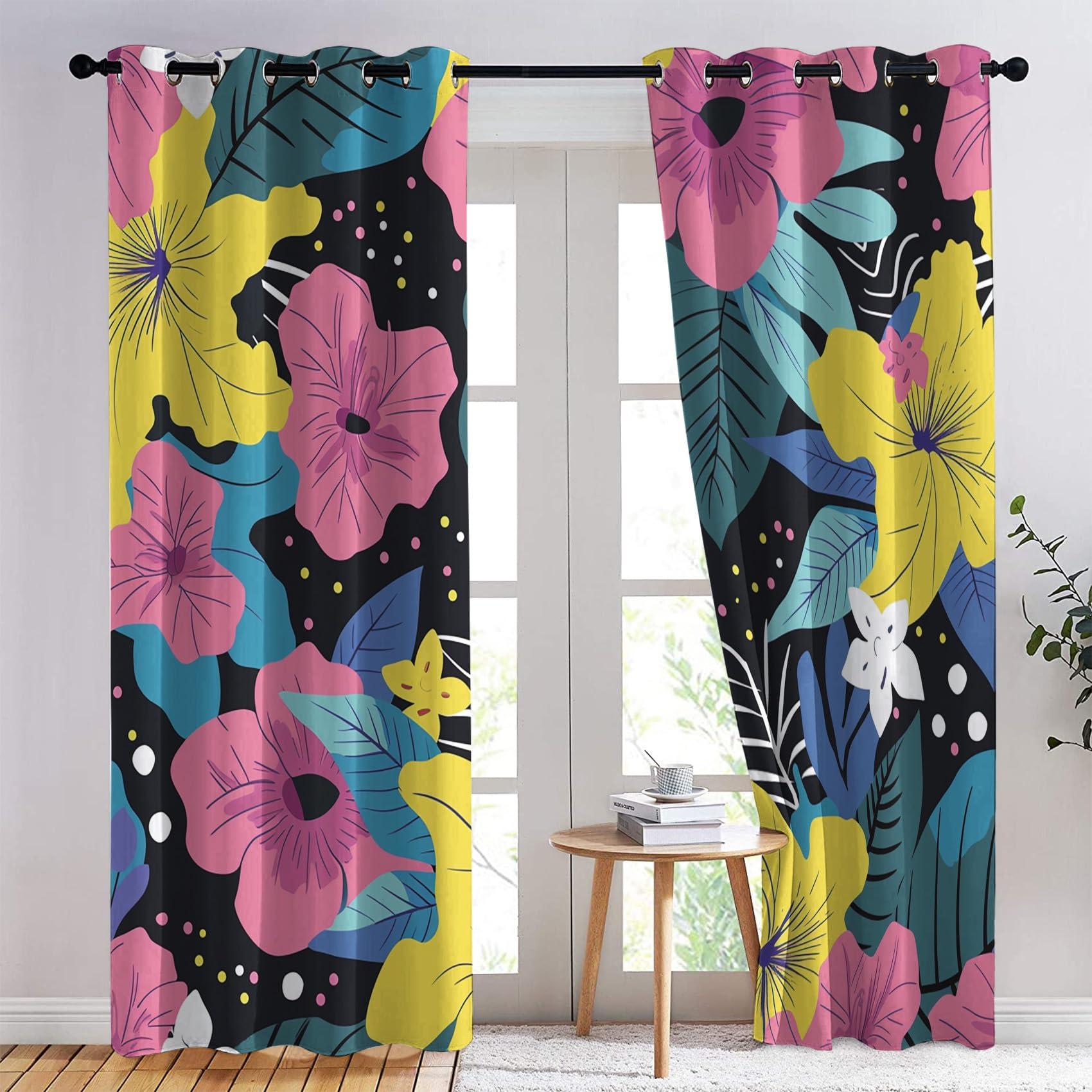 HomeLoft Basics Colorful Floral Curtains, Flower Blackout Curtains for Living Room, Botanical Drapes, Bedroom Curtains, Thermal Insulated & Soft, Room Darkening Grommet Curtains, 2 Panels, 42Wx63L QL69&