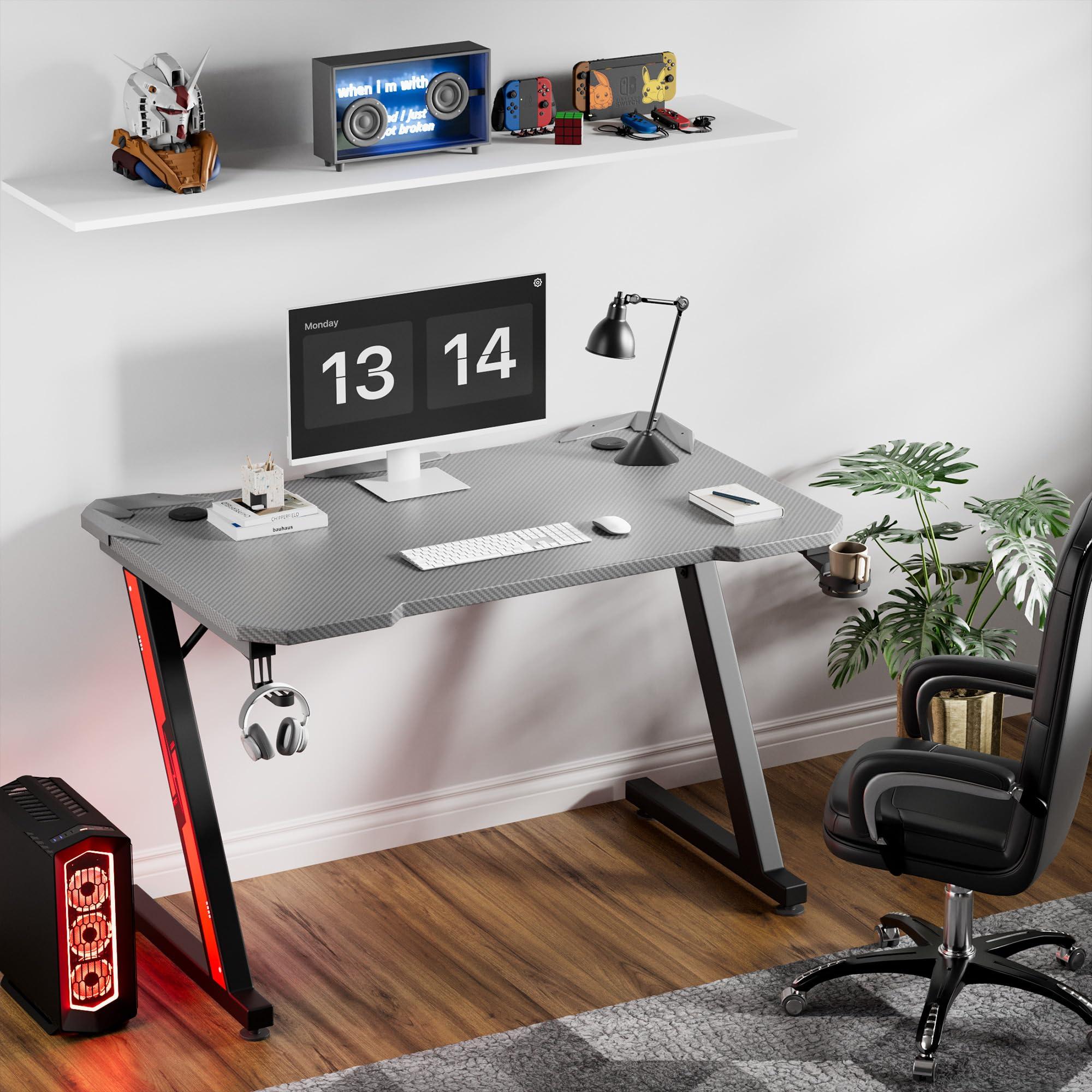 Furmax Furmax Gaming Desk Computer Desk Z-Shaped Gaming Table with Carbon Fibre Surface Home Office Desk PC Workstation Desk with Cup Holder, Headphone Hook Modern Style Desk (Gray, 44 inch)