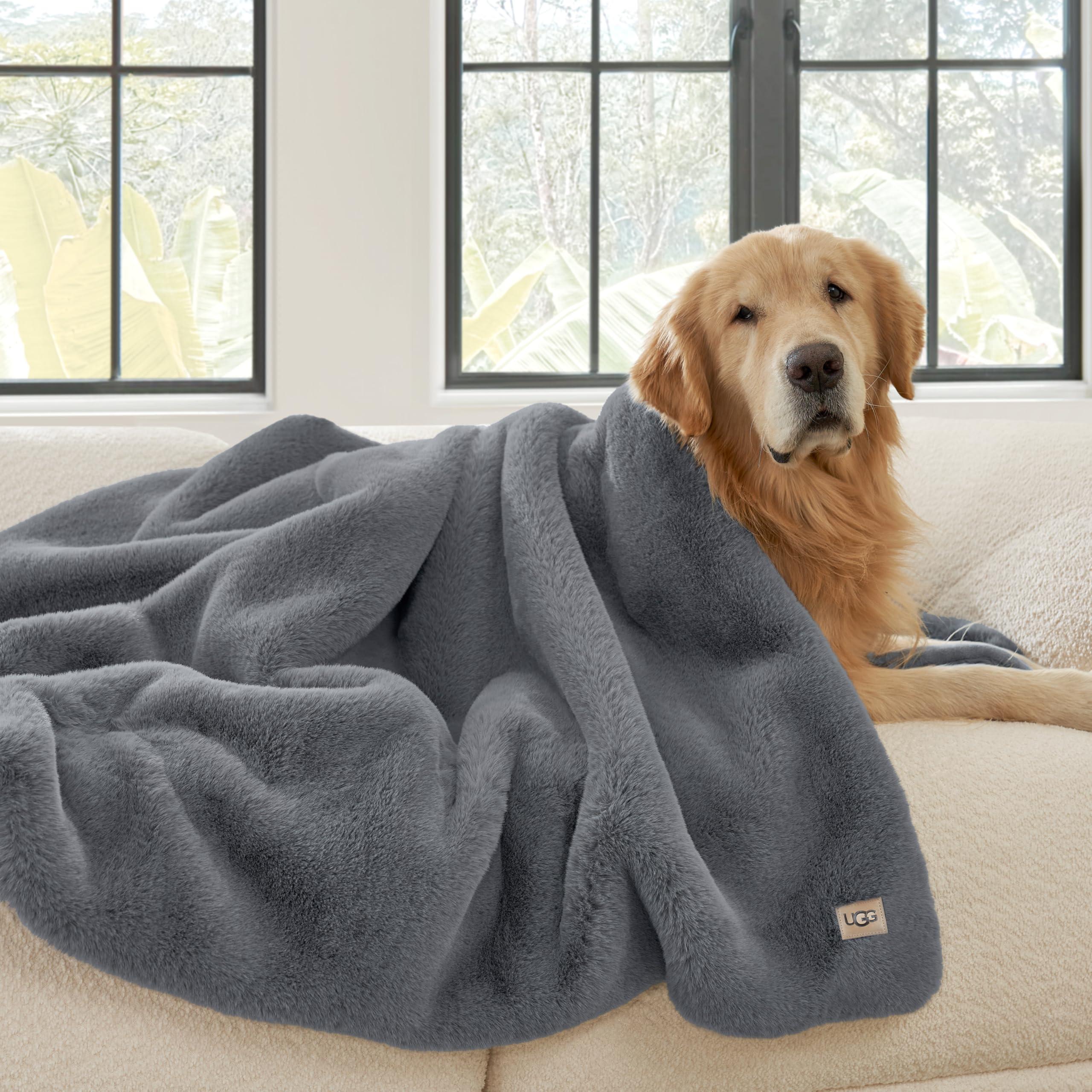 UGG UGG 11069 Euphoria Plush Faux Fur Reversible Throw Cozy Fuzzy Fluffy Blanket for Couch Bed Hotel Style Luxury Machine Washable Home Decor Luxurious Soft Throws for Sofa, 70 x 50-Inch, Chambray