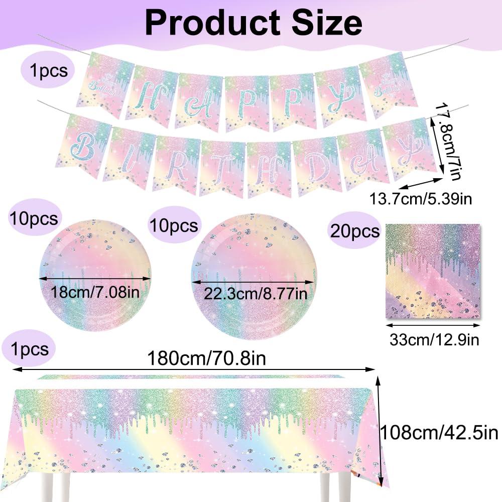 IPEWOEF Gradient Diamond Birthday Party Supplies Macaron Glitter Holographic Disposable Tableware Iridescent Party Decorations Paper Plates Napkins Banner Tablecloth for Girl Kid Baby Shower Wedding 10 Guests