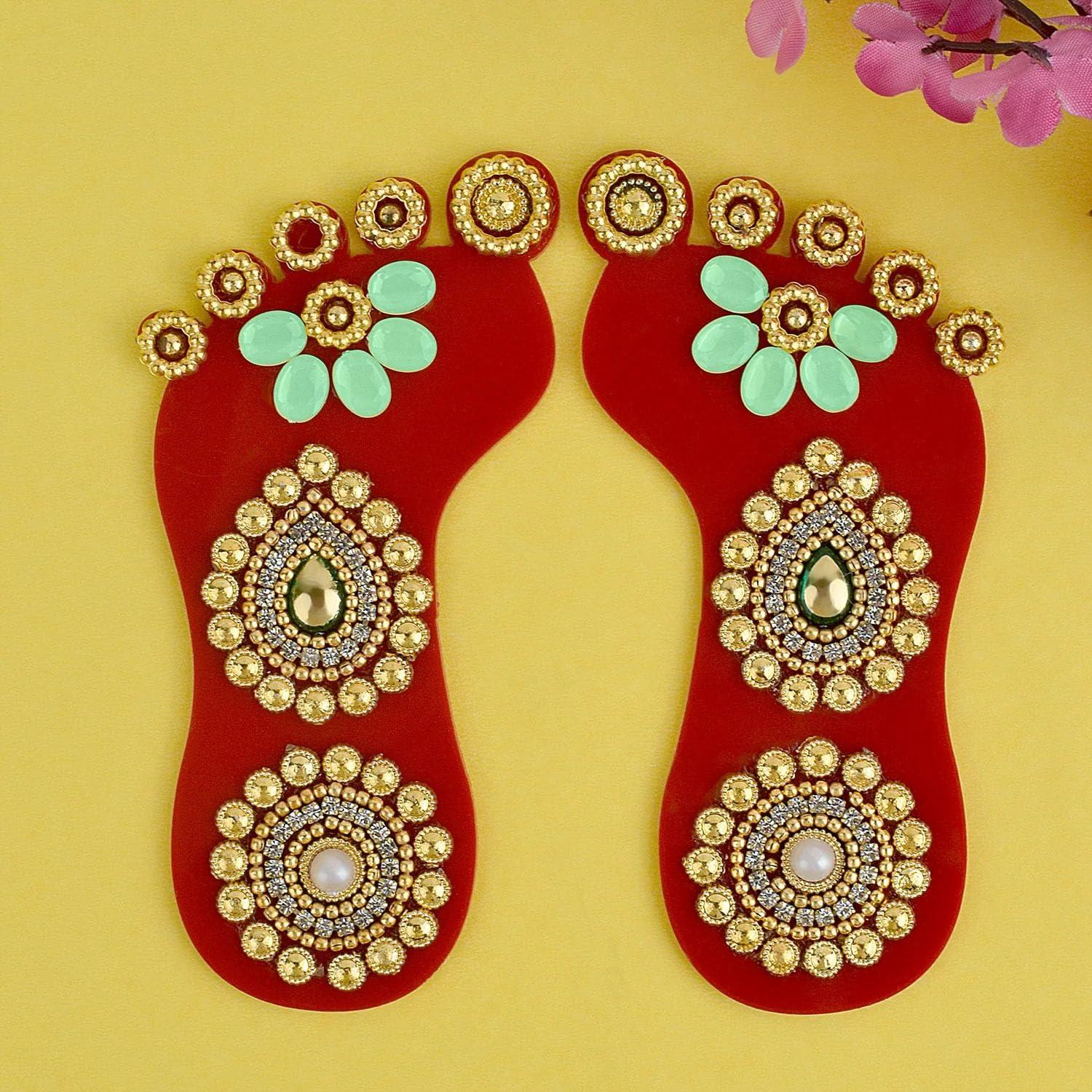 SATVIK STORE SATVIK 1 Pc Set of Acrylic Lakshmi Mata Charan Paduka Sticker Diwali Festival Decoration with Stone Moti Mandir Home Office Floor Festival Pujan Home Floor Kolam Shubh Labh Rangoli Stickers (DESIGN 1)