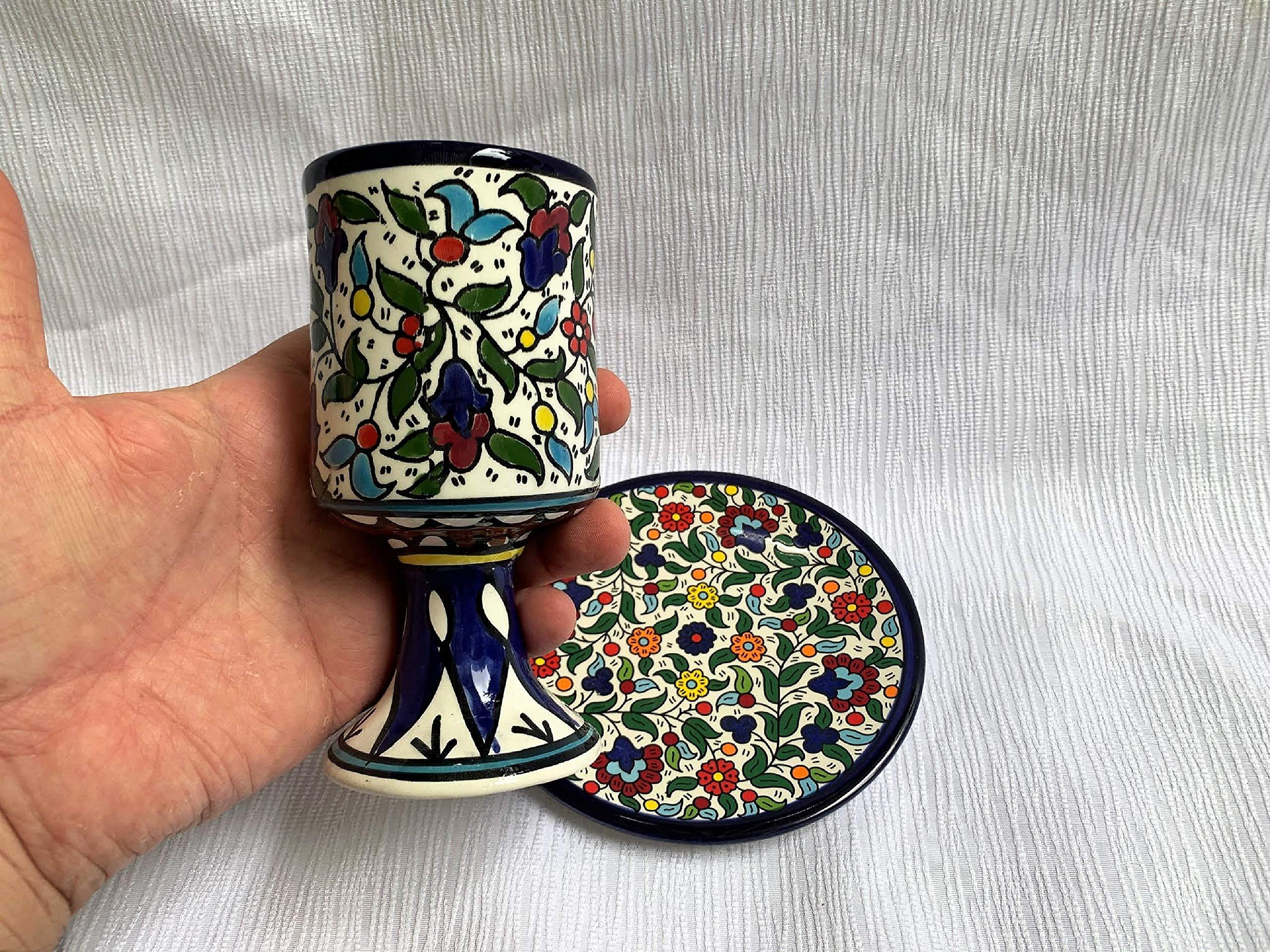 GORGEOUS BEAUTY&CARE GORGEOUS BEAUTY&CARE Amaizing Armenian Ceramics Kiddush Cup with Plate Design Maroon Floral Theme & Blessing Words